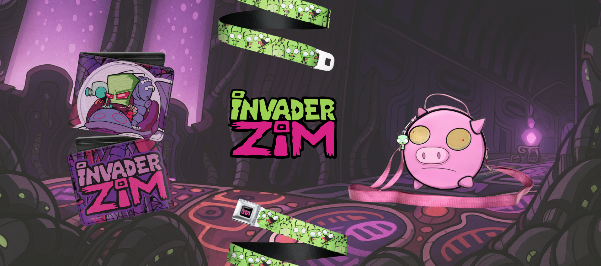 collection featuring bi fold wallets inspired by invader zim by the brand 'buckle-down' on a science lab colorful background