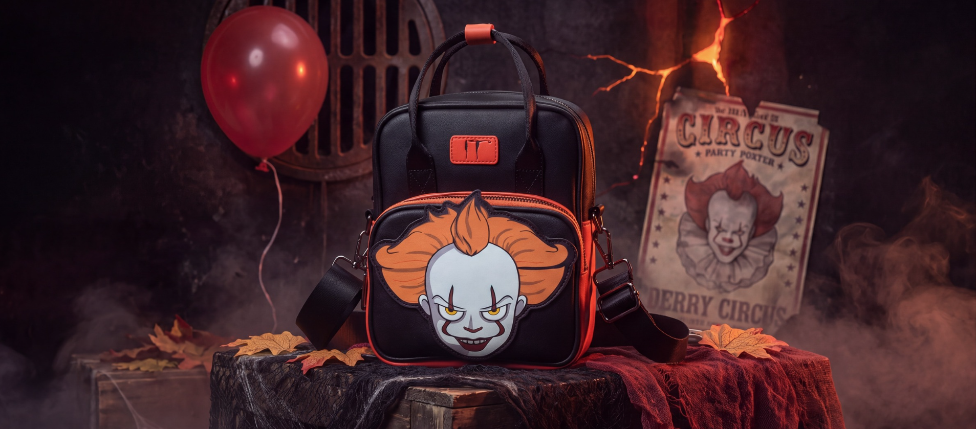 IT crossbody bag of Pennywise inspired by the movie IT from the brand Buckle-Down with a red balloon and circus poster