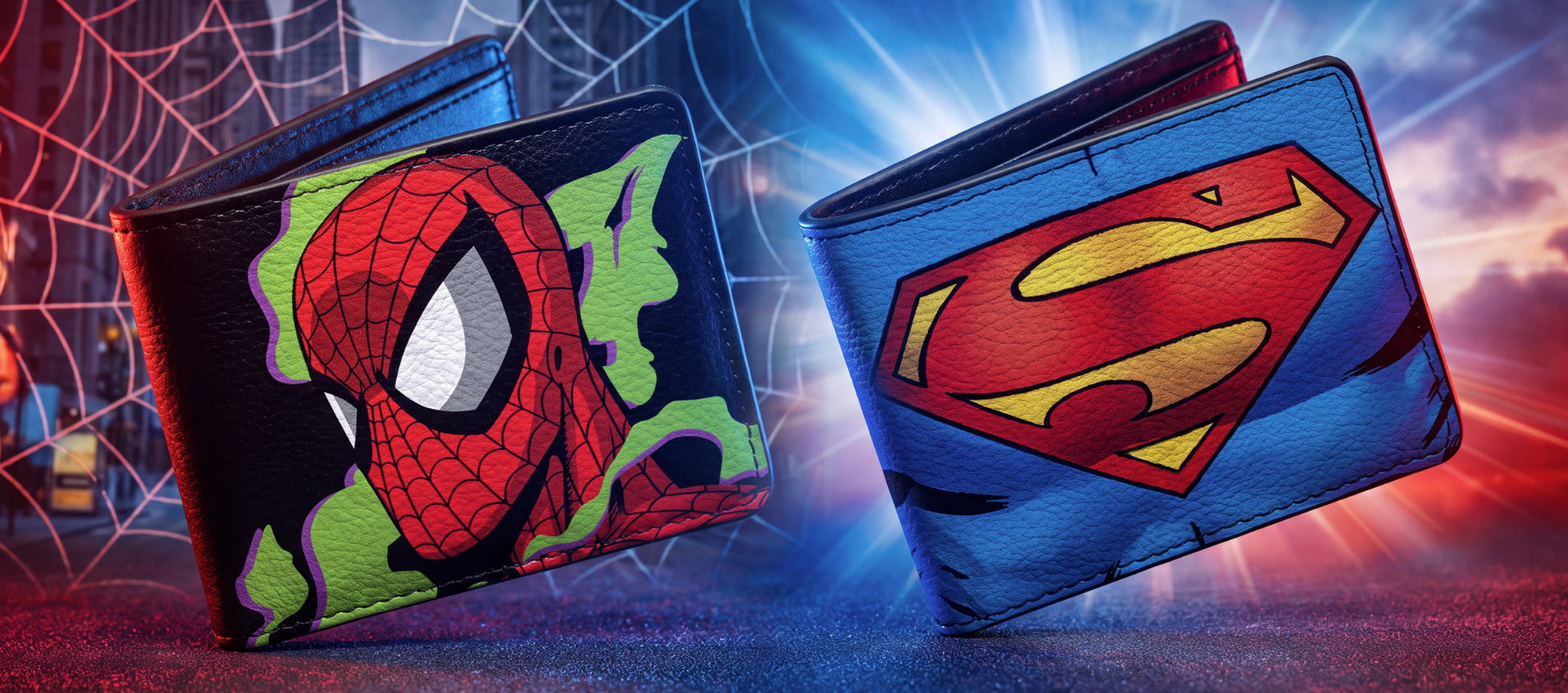 two bi-fold wallets from the brand 'buckle-down' showing DC superhero superman and Marvel superhero Spiderman next to each other with an action spider web background