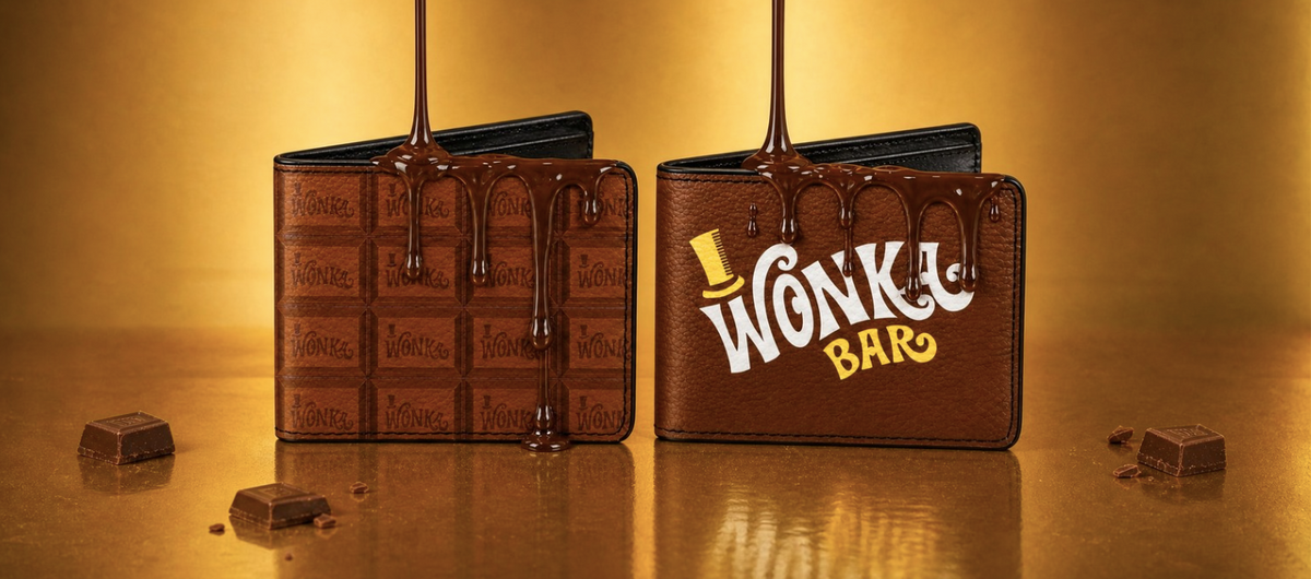 two bi fold wallets from the brand 'buckle-down' of wonka bar chocolate inspired by willy wonka and the chocolate factory with chocolate dripping down and chocolate pieces around