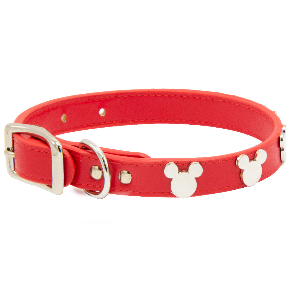 Vegan Leather Dog Collar Disney Red PU w Silver Cast Mickey