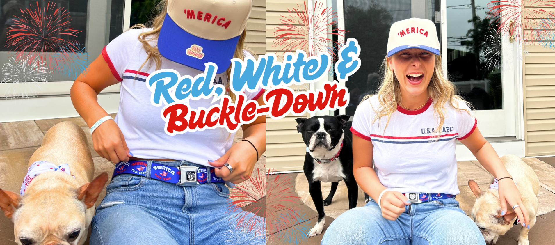 girl in merica hat and usa tank with two dogs in 'buckle-down' fourth of july products with the text 'red, white & buckle-down'
