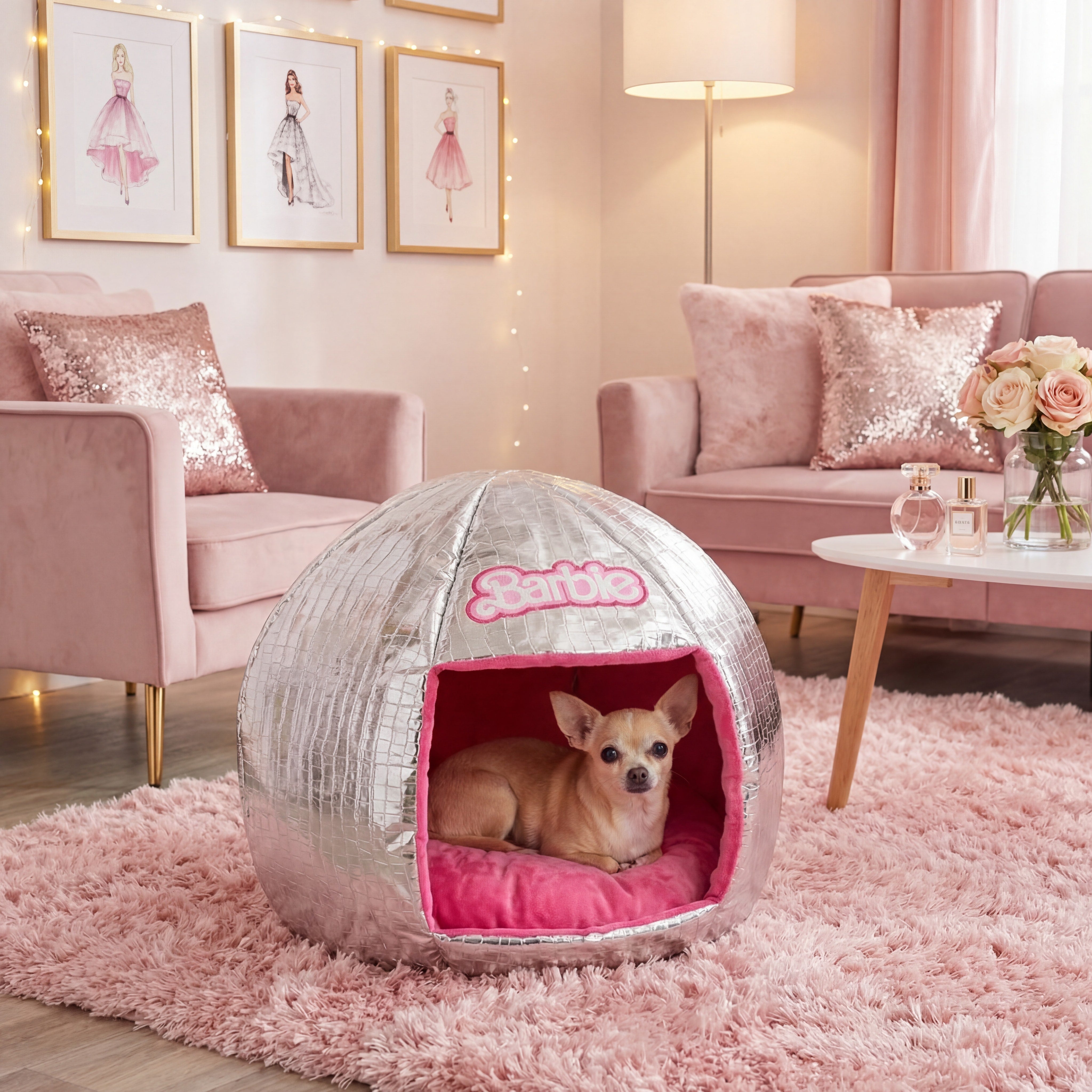 Barbie Dog Bed, Barbie Disco Ball Quilt with Pink Plush Interior, Dome