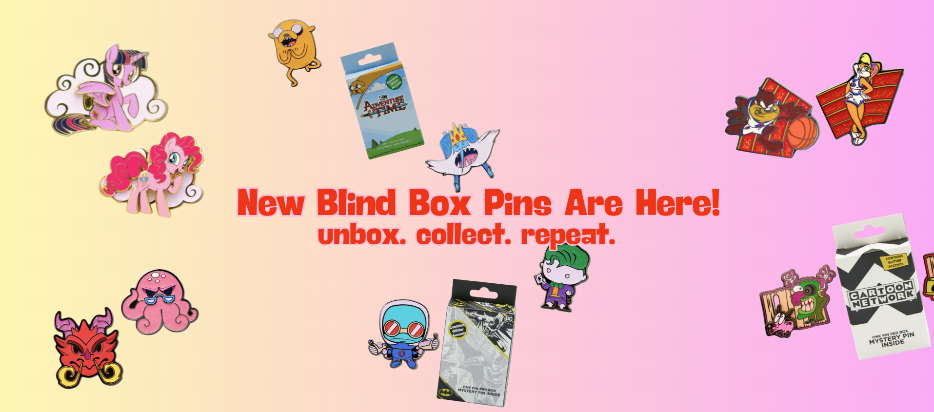 Yellow and pink background featuring blind box mystery pins from the brand 'buckle-down' featuring looney tunes, dc comics, adventure time, cartoon network, MLP and D&D