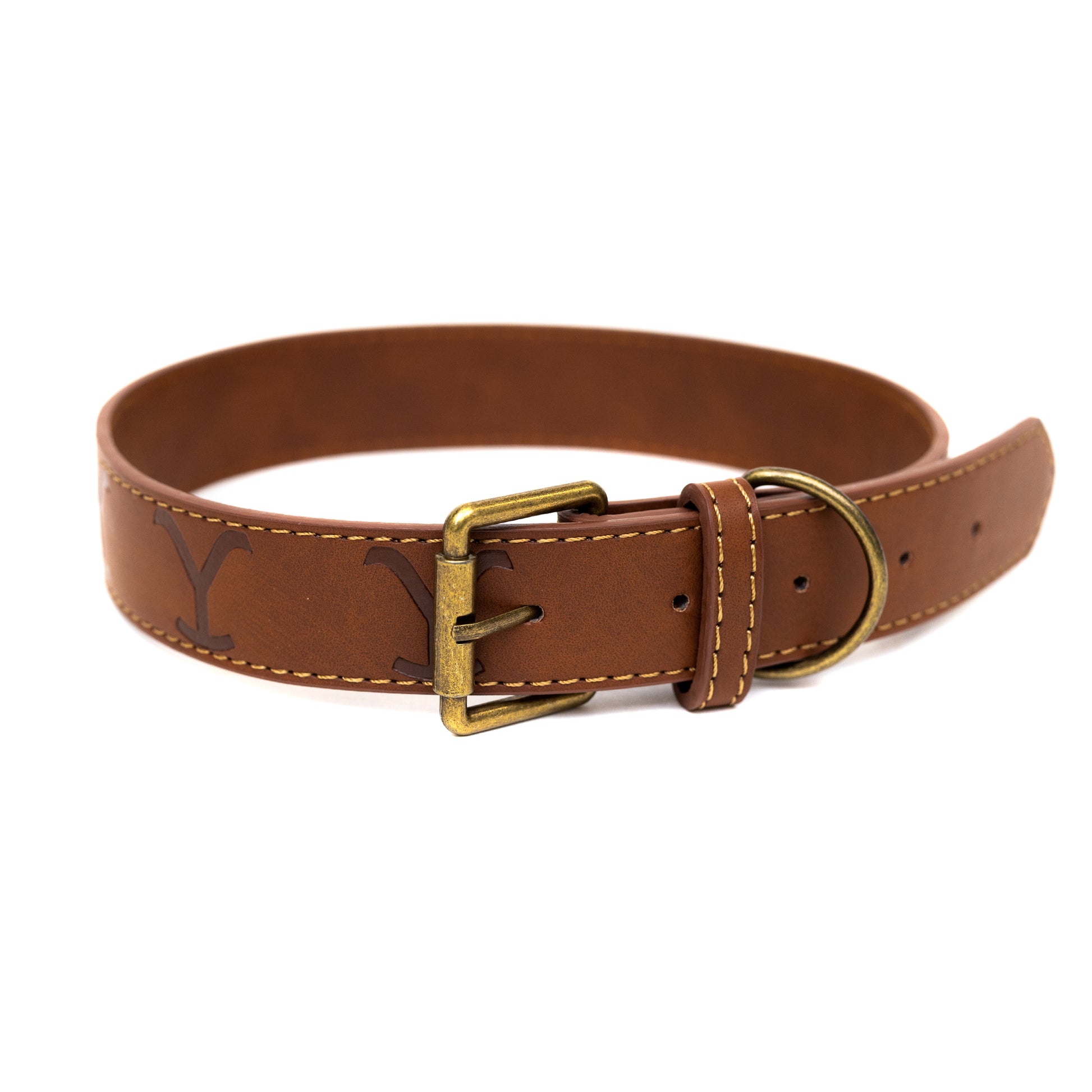 Vegan Leather Dog Collar - Yellowstone Dutton Ranch Logo Debossed Brown PU Leather Imported PU Collars Paramount Network