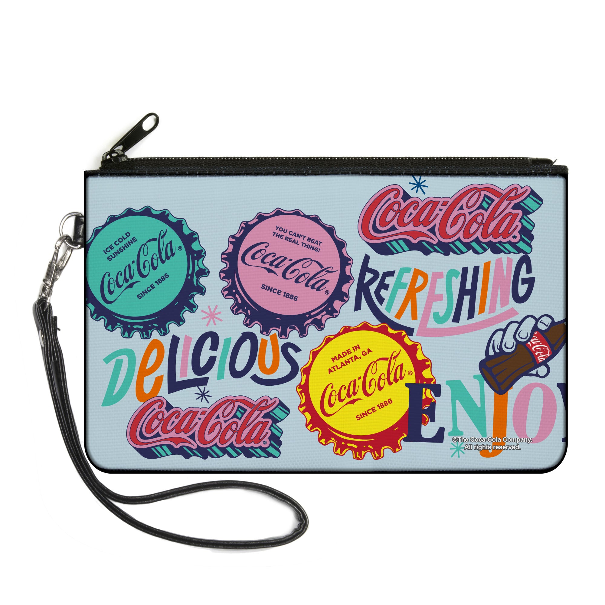 Canvas Zipper Wallet - LARGE - COCA-COLA DELICIOUS REFRESHING Bottle Caps Light Blue/Multi Color Canvas Zipper Wallets Coca-Cola