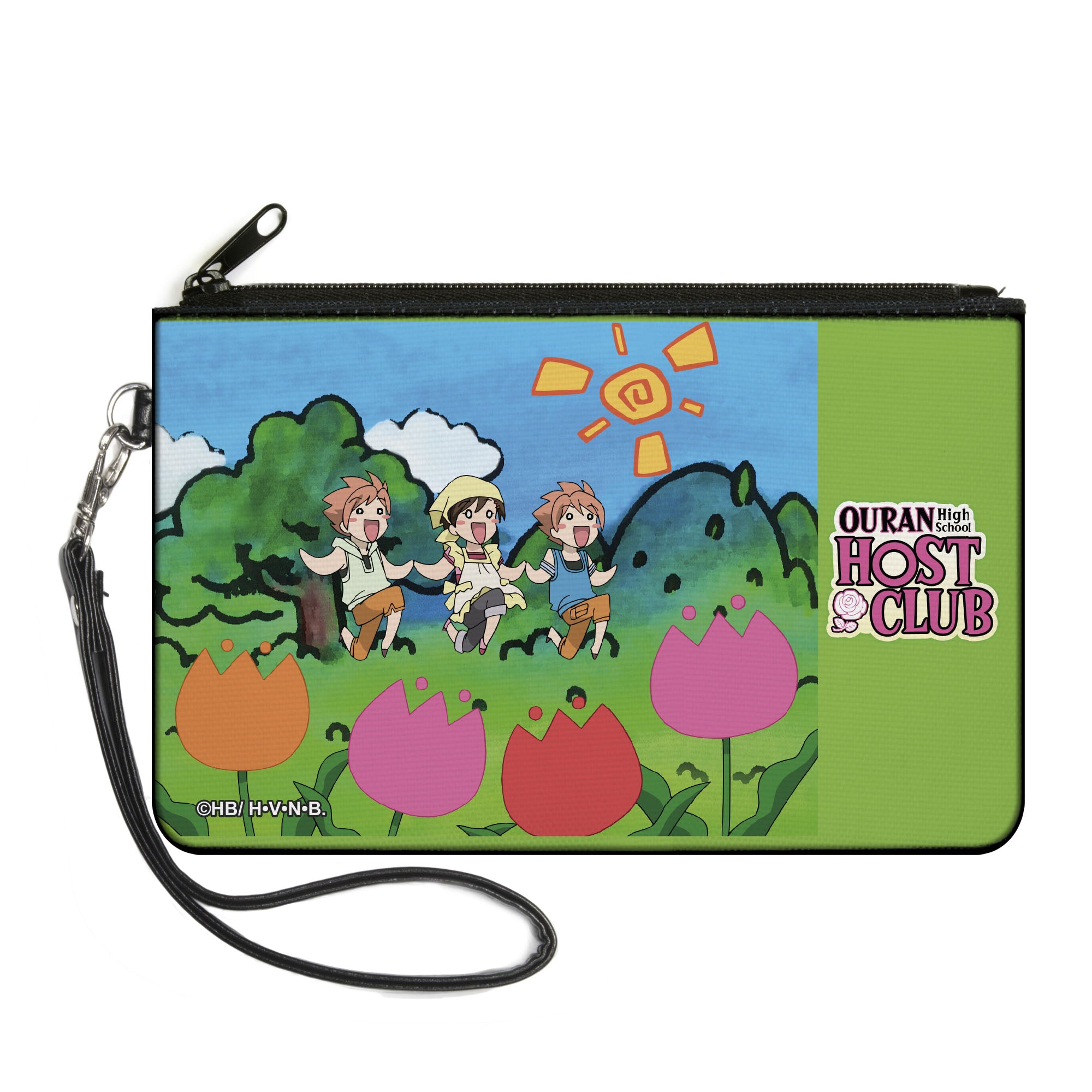 Canvas Zipper Wallet - LARGE - OURAN HIGH SCHOOL HOST CLUB Chibi Hitachiin Twins and Renge Garden Pose Green and Title Logo Canvas Zipper Wallets Ouran High School Host Club