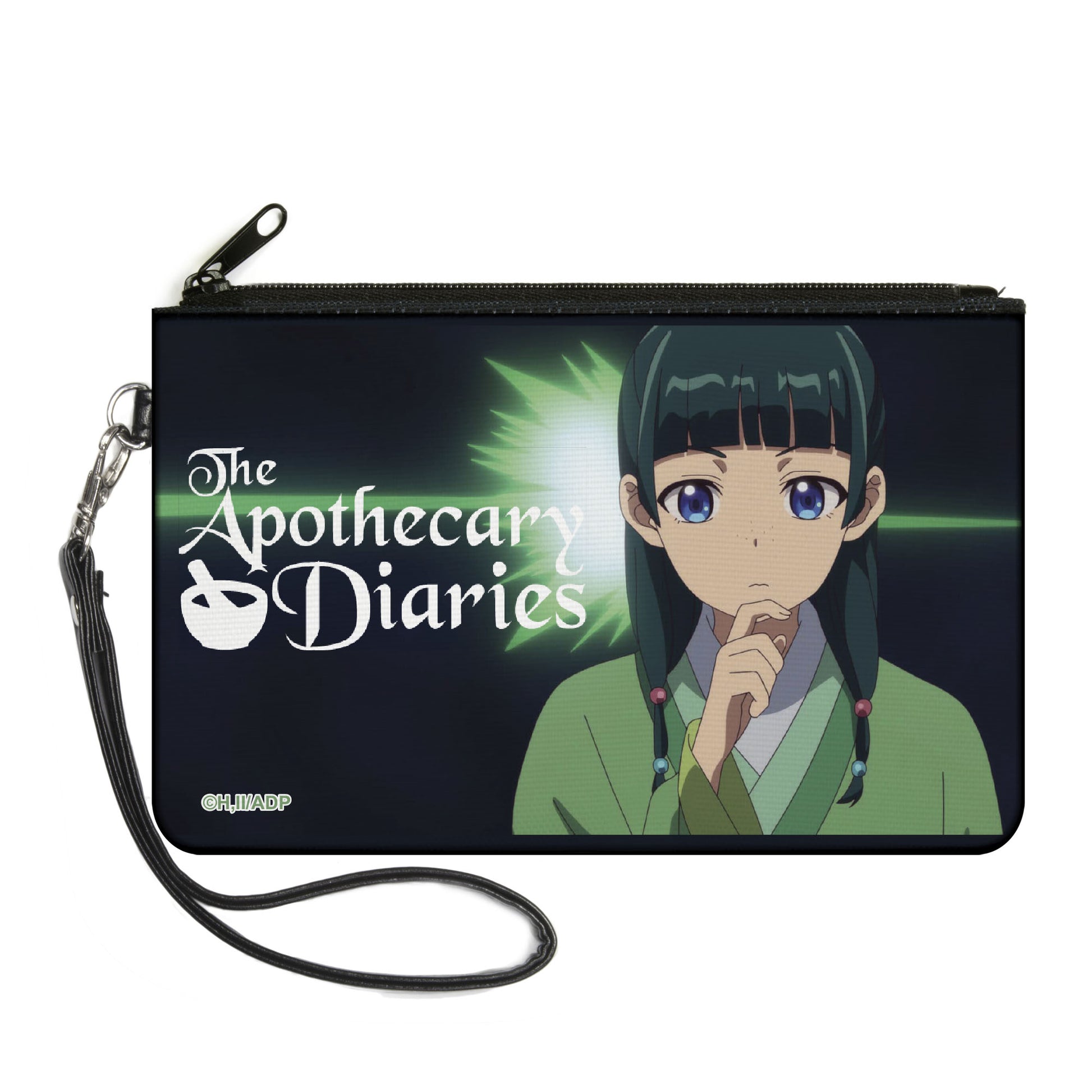 Canvas Zipper Wallet - LARGE - THE APOTHECARY DIARIES Maomao Thinking Pose and Title Logo Black/Greens Canvas Zipper Wallets The Apothercary Diaries