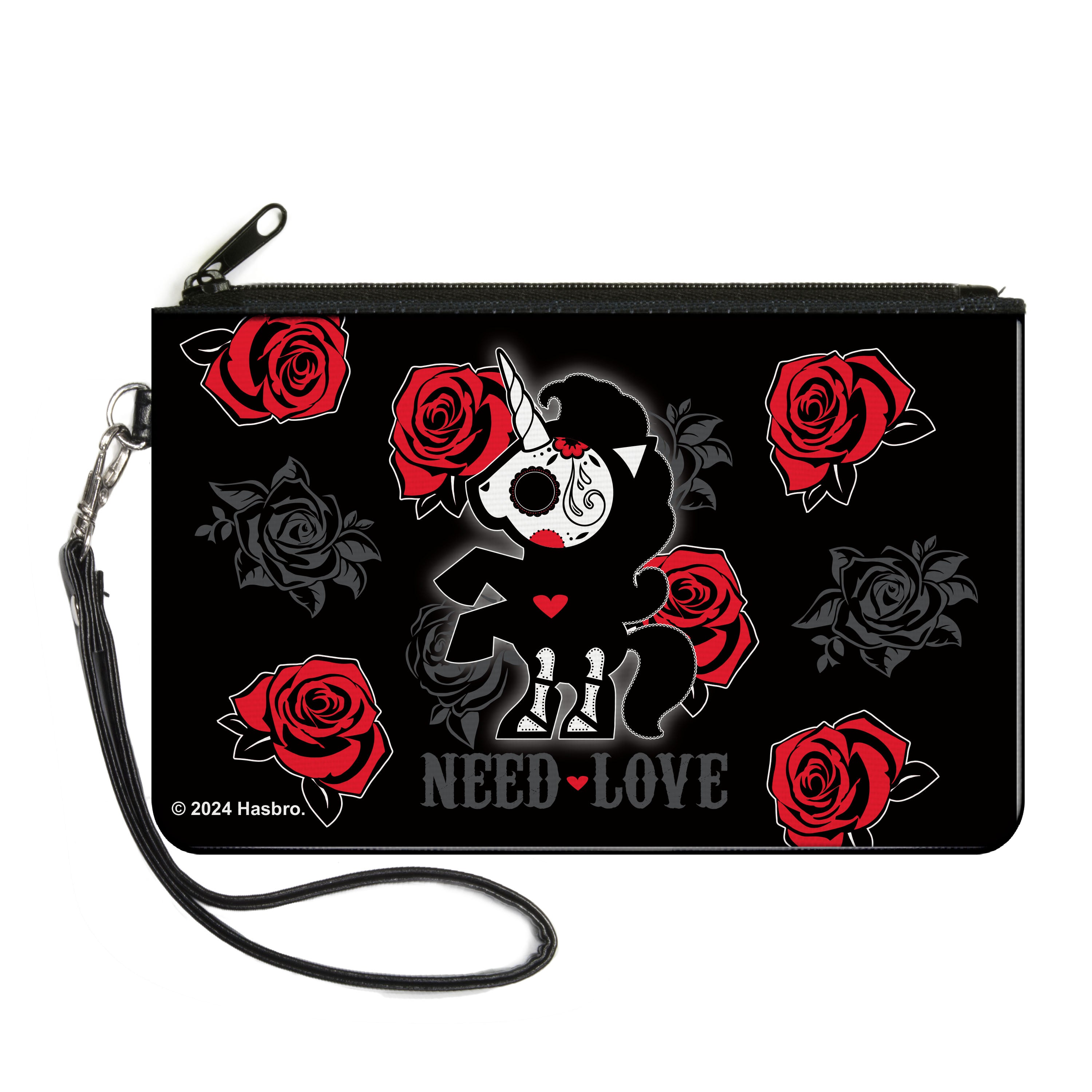 Canvas Zipper Wallet - LARGE - Skelanimals Bonita the Unicorn NEED LOVE Pose Black/Gray/Red/White Canvas Zipper Wallets Skelanimals