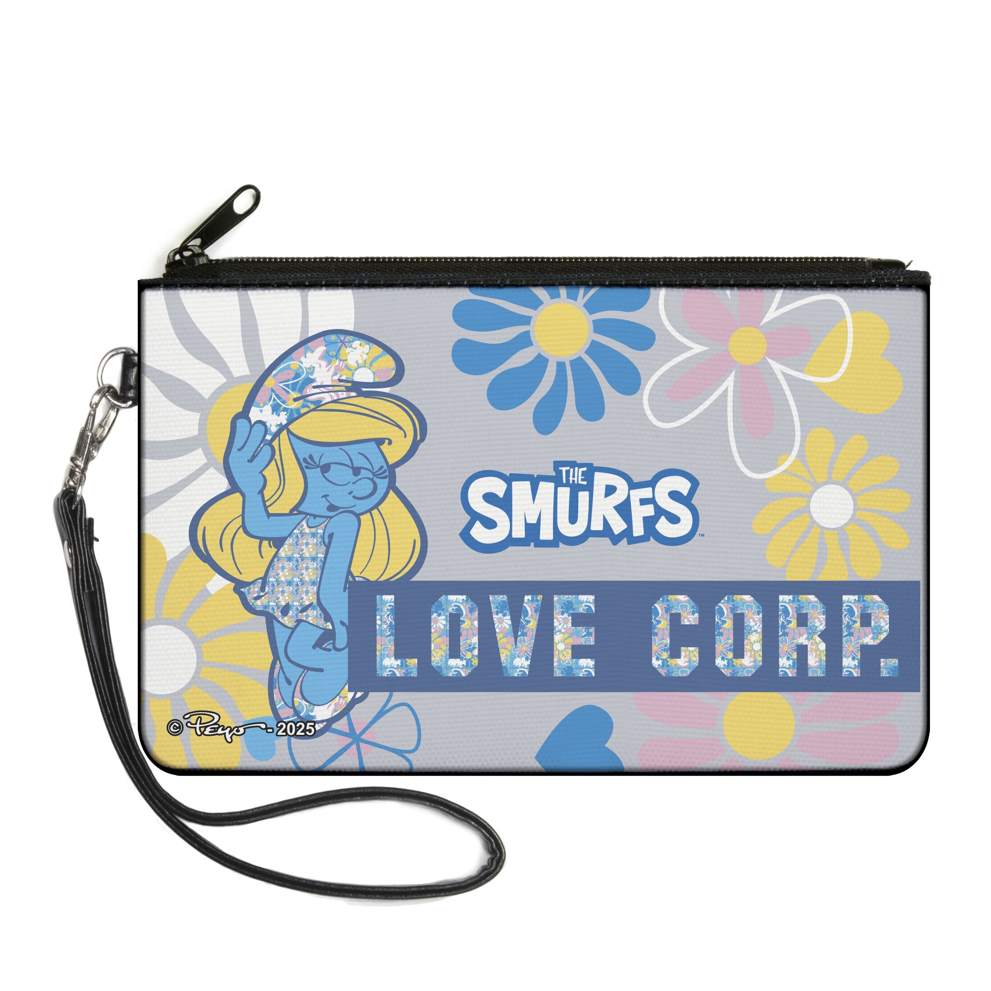 Canvas Zipper Wallet - LARGE - THE SMURFS Smurfette LOVE CORP. Pose Flowers Gray/Multi Color Canvas Zipper Wallets The Smurfs