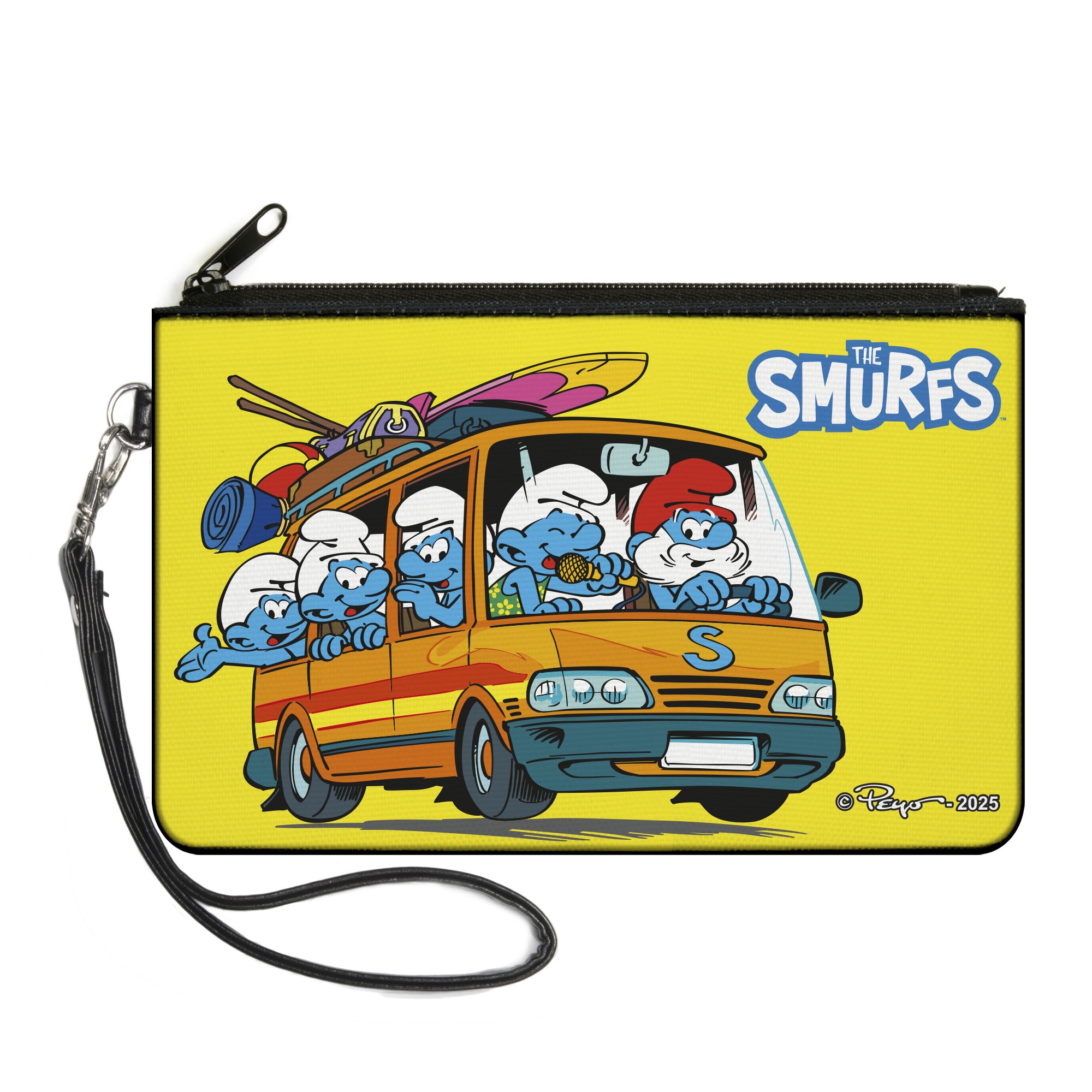 Canvas Zipper Wallet - LARGE - THE SMURFS Camping Road Trip Van Scene Yellow Canvas Zipper Wallets The Smurfs