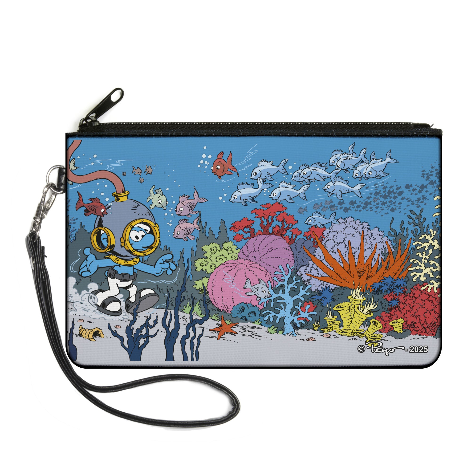 Canvas Zipper Wallet - LARGE - The Smurfs Diving Think Blue Under the Sea Scene Canvas Zipper Wallets The Smurfs