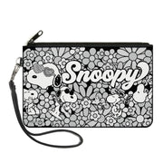 Canvas Zipper Wallet - LARGE - Snoopy Poses and Daisy Flowers Collage Black/Grays/White Canvas Zipper Wallets Peanuts