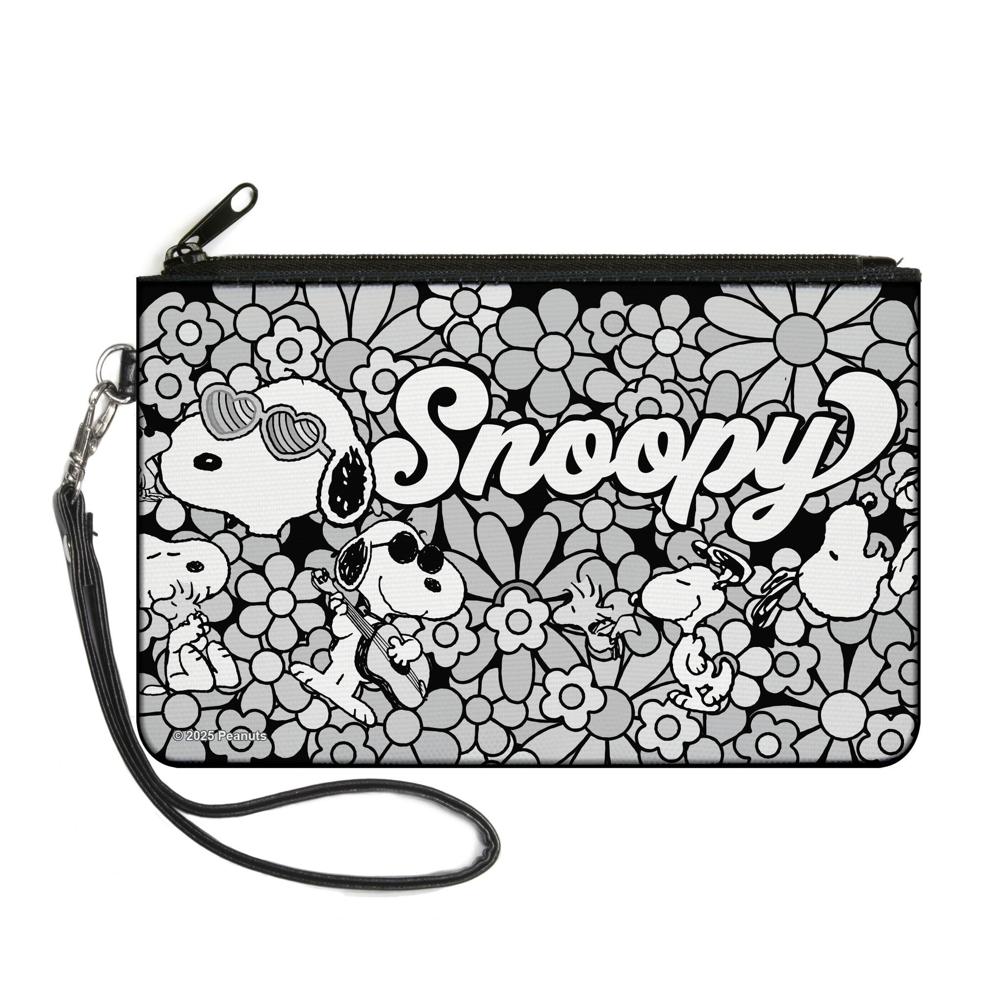Canvas Zipper Wallet - LARGE - Snoopy Poses and Daisy Flowers Collage Black/Grays/White Canvas Zipper Wallets Peanuts