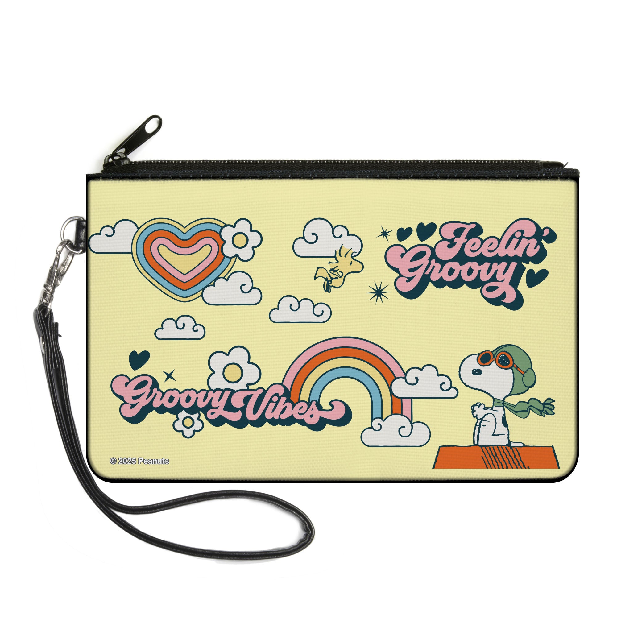 Canvas Zipper Wallet - LARGE - Peanuts Snoopy Flying Ace and Woodstock GROOVY Quotes Collage Yellow Canvas Zipper Wallets Peanuts