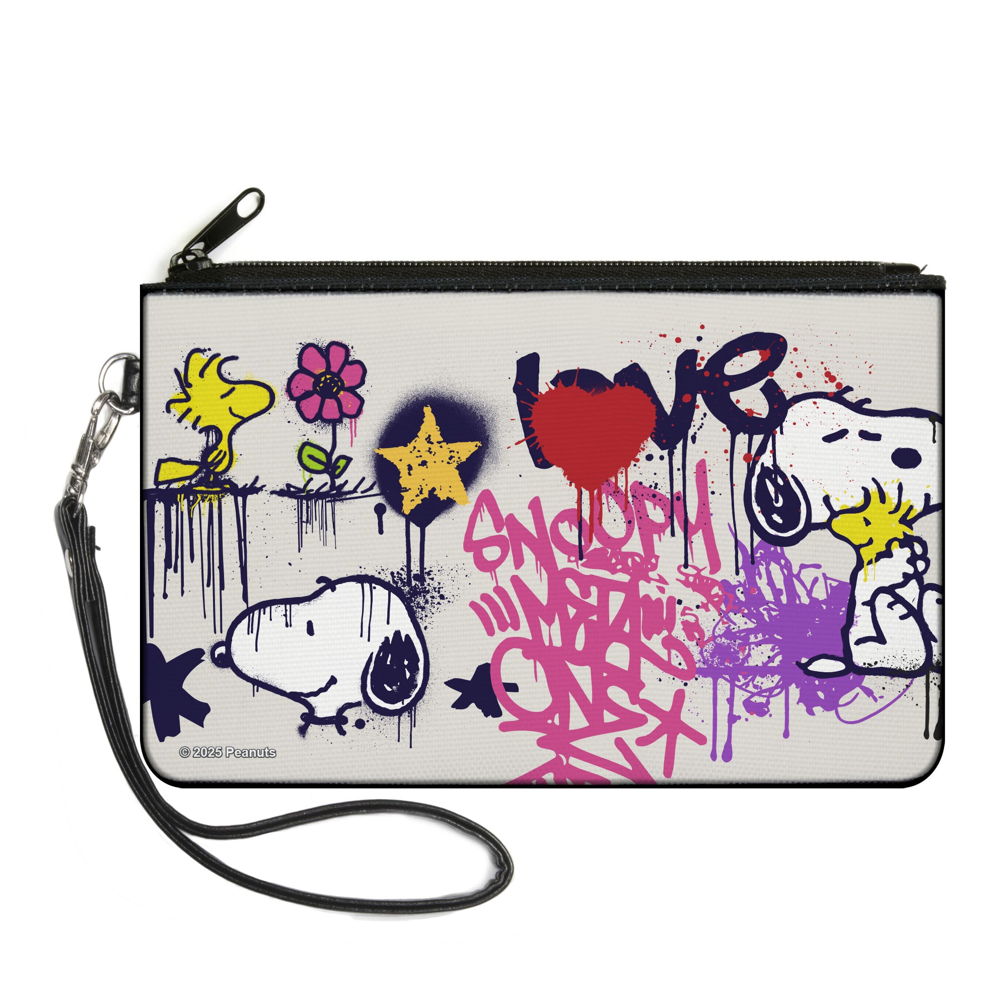 Canvas Zipper Wallet - LARGE - Peanuts Snoopy and Woodstock Graffiti Collage White/Multi Color Canvas Zipper Wallets Peanuts