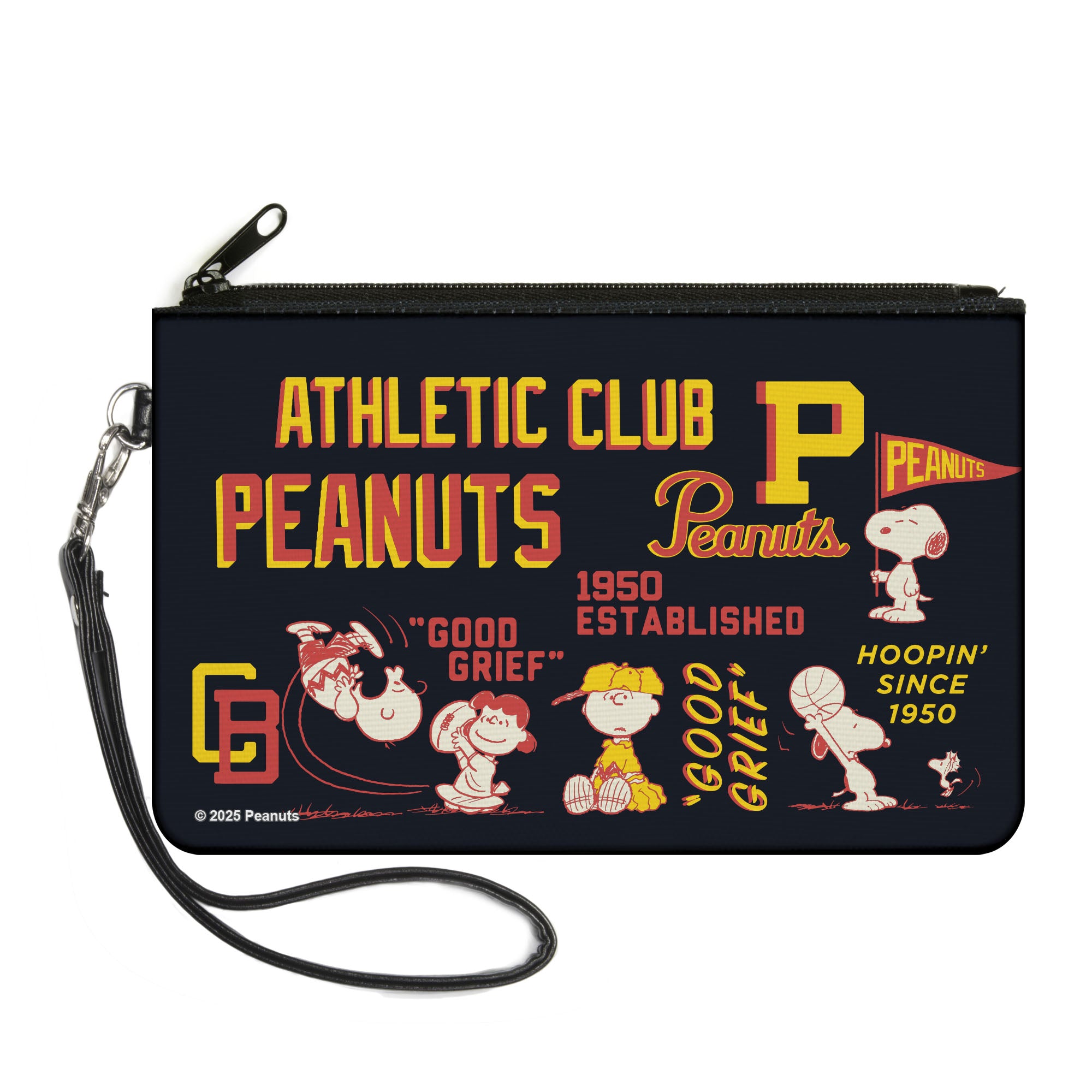 Canvas Zipper Wallet - LARGE - PEANUTS ATHLETIC CLUB Varsity Poses and Quotes Collage Black/Red/Yellow Canvas Zipper Wallets Peanuts