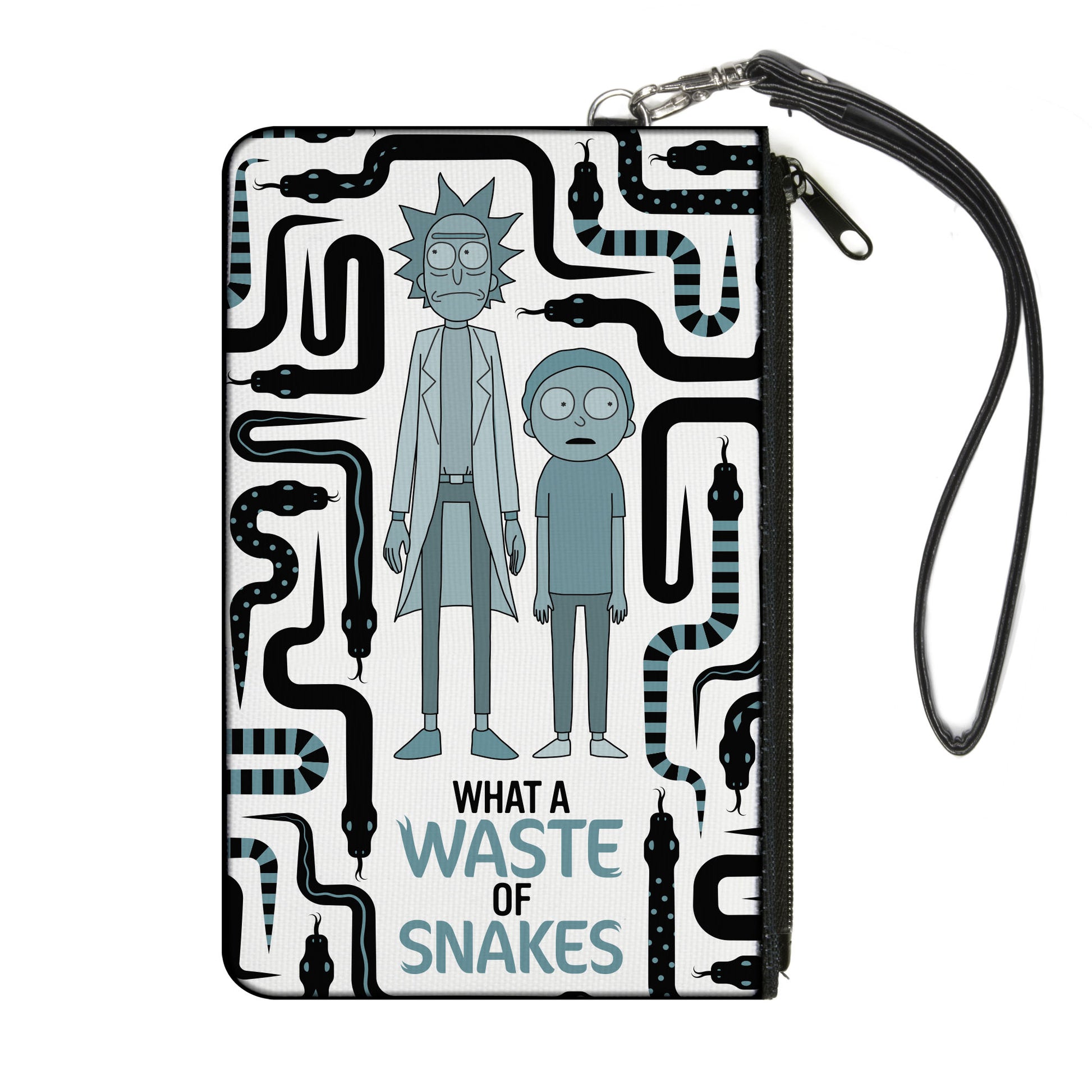 Canvas Zipper Wallet - LARGE - Rick and Morty WHAT A WASTE OF SNAKES Pose White/Black/Blue Canvas Zipper Wallets Rick and Morty