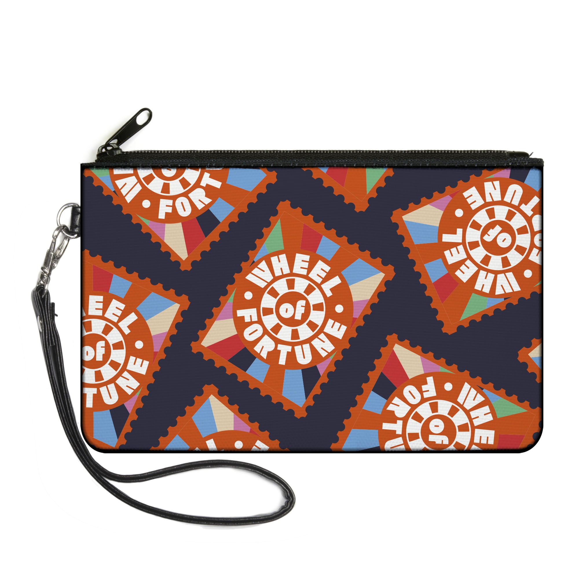 Canvas Zipper Wallet - LARGE - WHEEL OF FORTUNE Title Icon Blocks Scattered Blue/Multi Color Canvas Zipper Wallets Wheel of Fortune