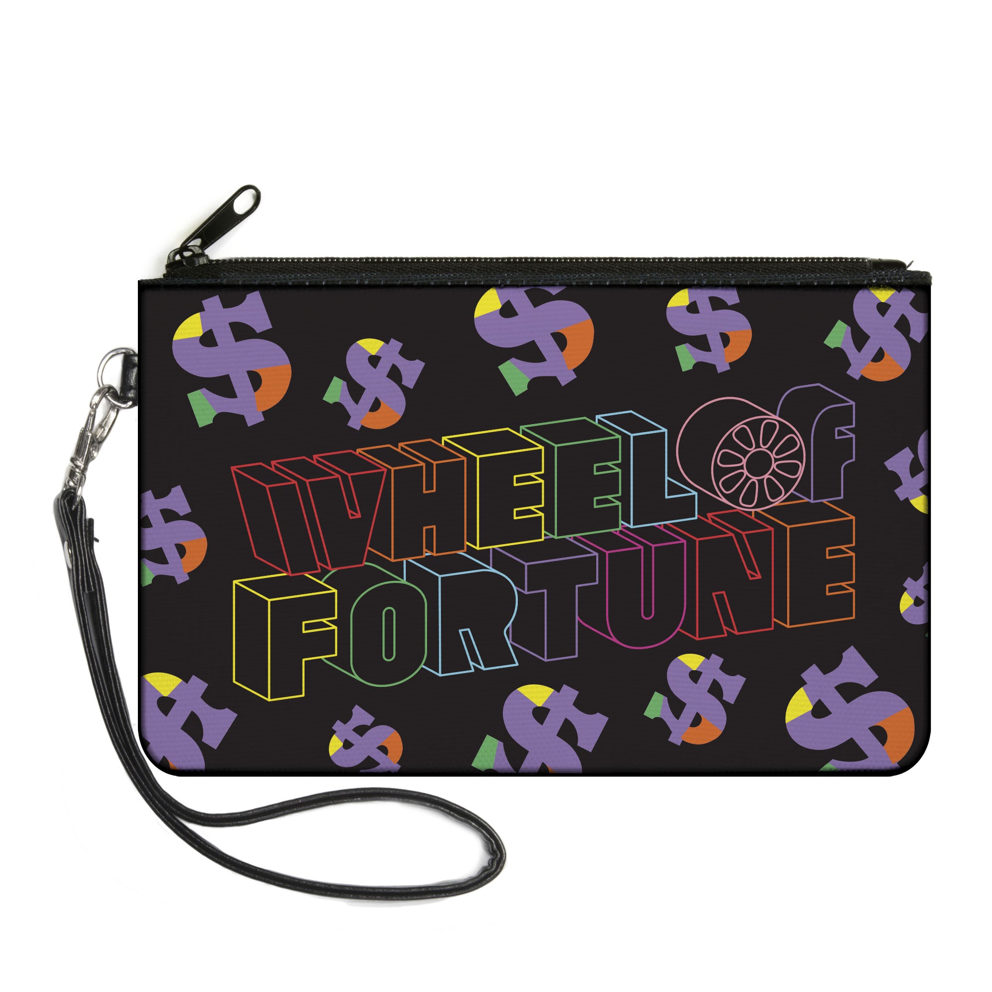 Canvas Zipper Wallet - LARGE - WHEEL OF FORTUNE and Dollar Signs Scattered Black/Multi Color Canvas Zipper Wallets Wheel of Fortune