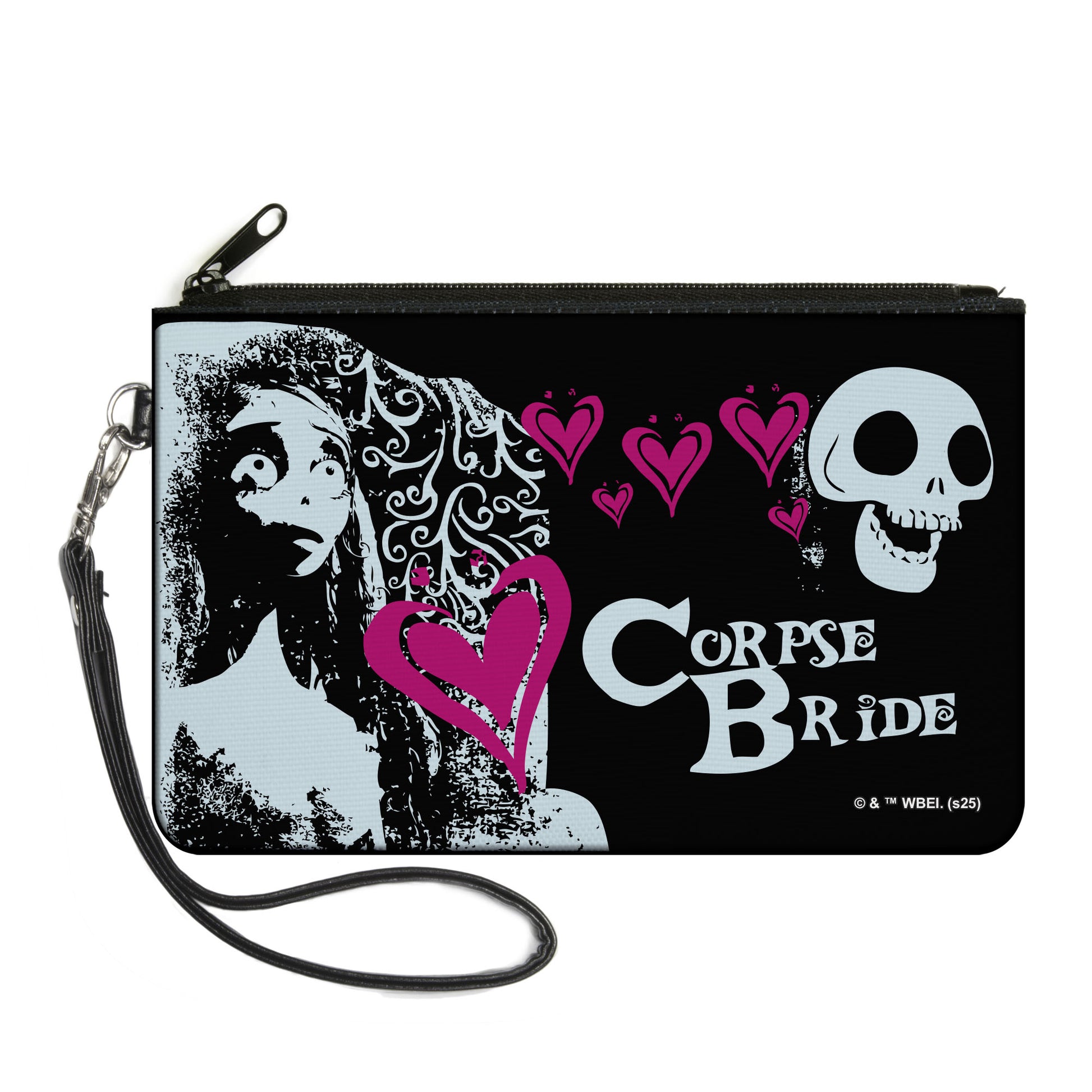 Canvas Zipper Wallet - LARGE - THE CORPSE BRIDE Emily Hearts and Skull Black/White/Pink Canvas Zipper Wallets The Corpse Bride
