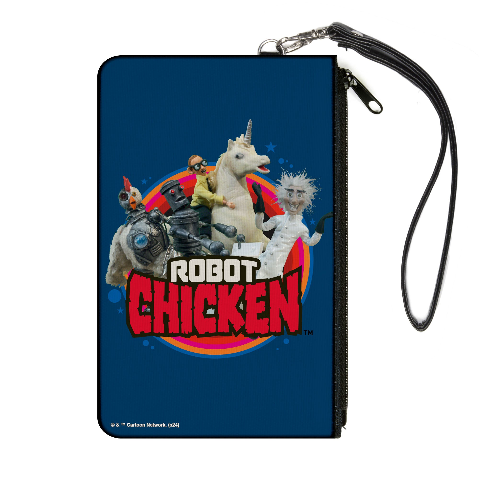 Canvas Zipper Wallet - LARGE - ROBOT CHICKEN Title Logo and Group Pose Blue Canvas Zipper Wallets Robot Chicken