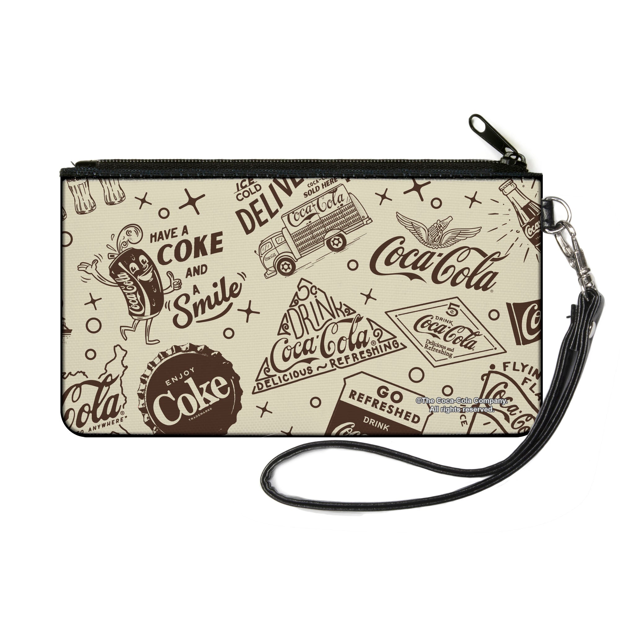 Canvas Zipper Wallet - SMALL - Vintage Coca-Cola HAVE A COKE AND SMILE Icons Collage Beige/Brown Canvas Zipper Wallets Coca-Cola