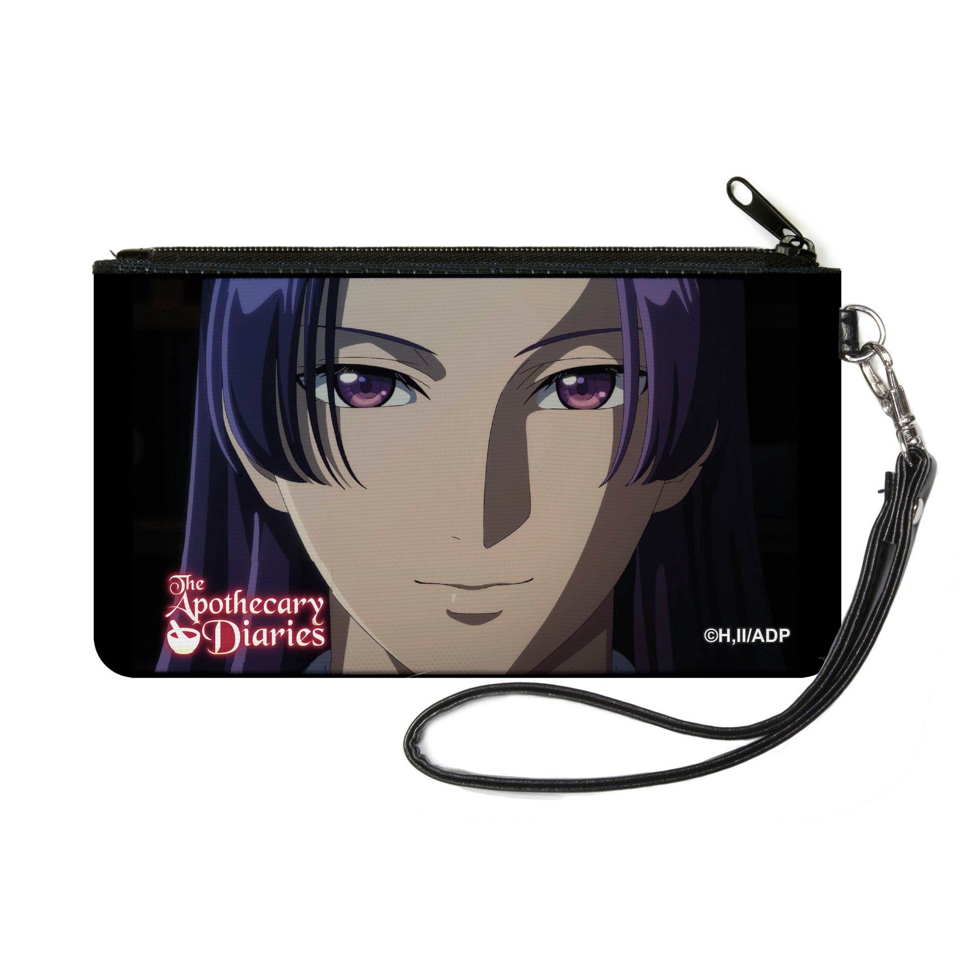 Canvas Zipper Wallet - SMALL - THE APOTHECARY DIARIES Jinshi Face Close-Up and Title Logo Black Canvas Zipper Wallets The Apothercary Diaries