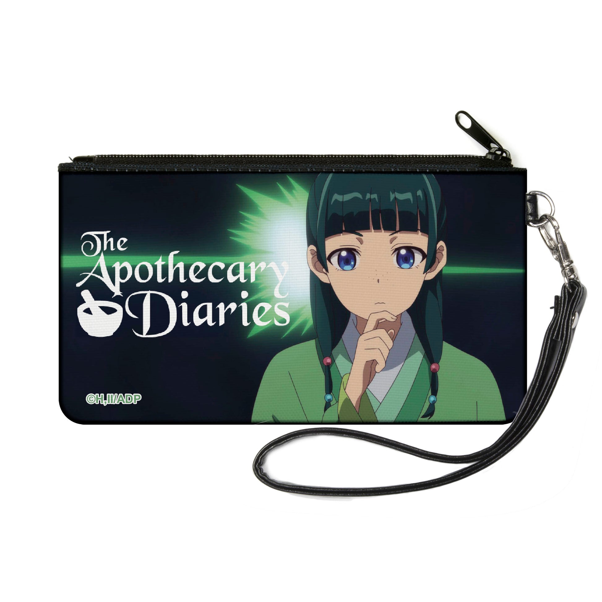 Canvas Zipper Wallet - SMALL - THE APOTHECARY DIARIES Maomao Thinking Pose and Title Logo Black/Greens Canvas Zipper Wallets The Apothercary Diaries