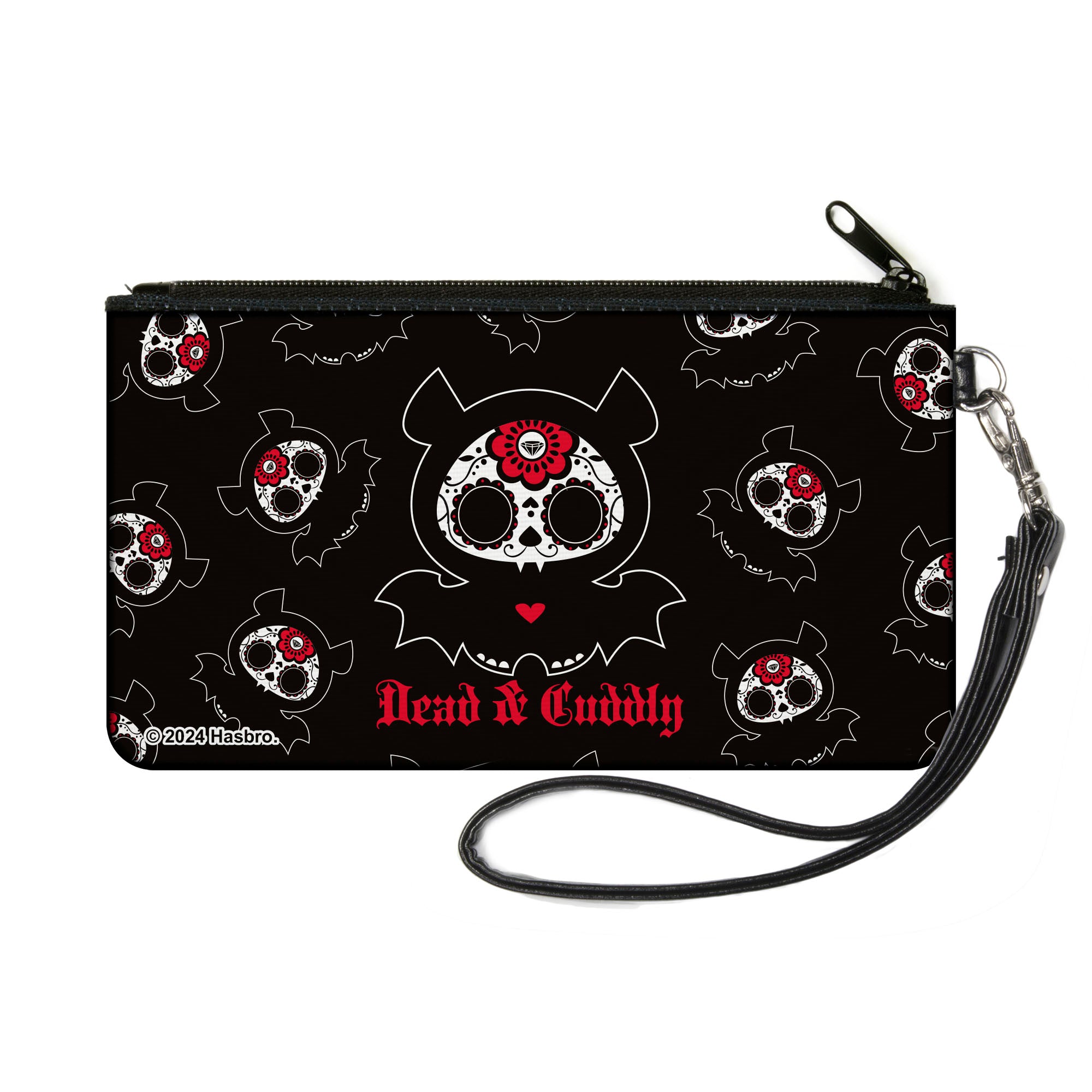 Canvas Zipper Wallet - SMALL - Skelanimals Diego the Bat DEAD N CUDDLY Pose Black/White/Red Canvas Zipper Wallets Skelanimals