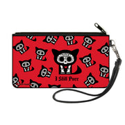 Canvas Zipper Wallet - SMALL - Skelanimals Kit the Cat I STILL PURR Pose Red/Black/White Canvas Zipper Wallets Skelanimals