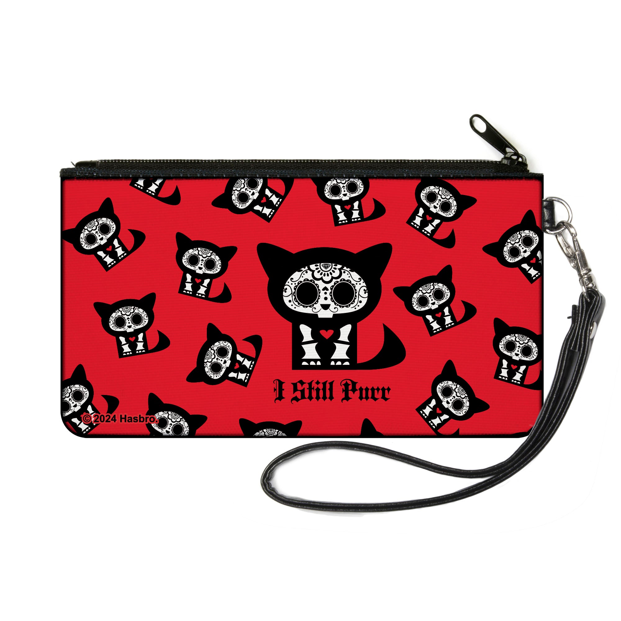 Canvas Zipper Wallet - SMALL - Skelanimals Kit the Cat I STILL PURR Pose Red/Black/White Canvas Zipper Wallets Skelanimals