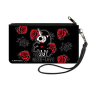 Canvas Zipper Wallet - SMALL - Skelanimals Bonita the Unicorn NEED LOVE Pose Black/Gray/Red/White Canvas Zipper Wallets Skelanimals