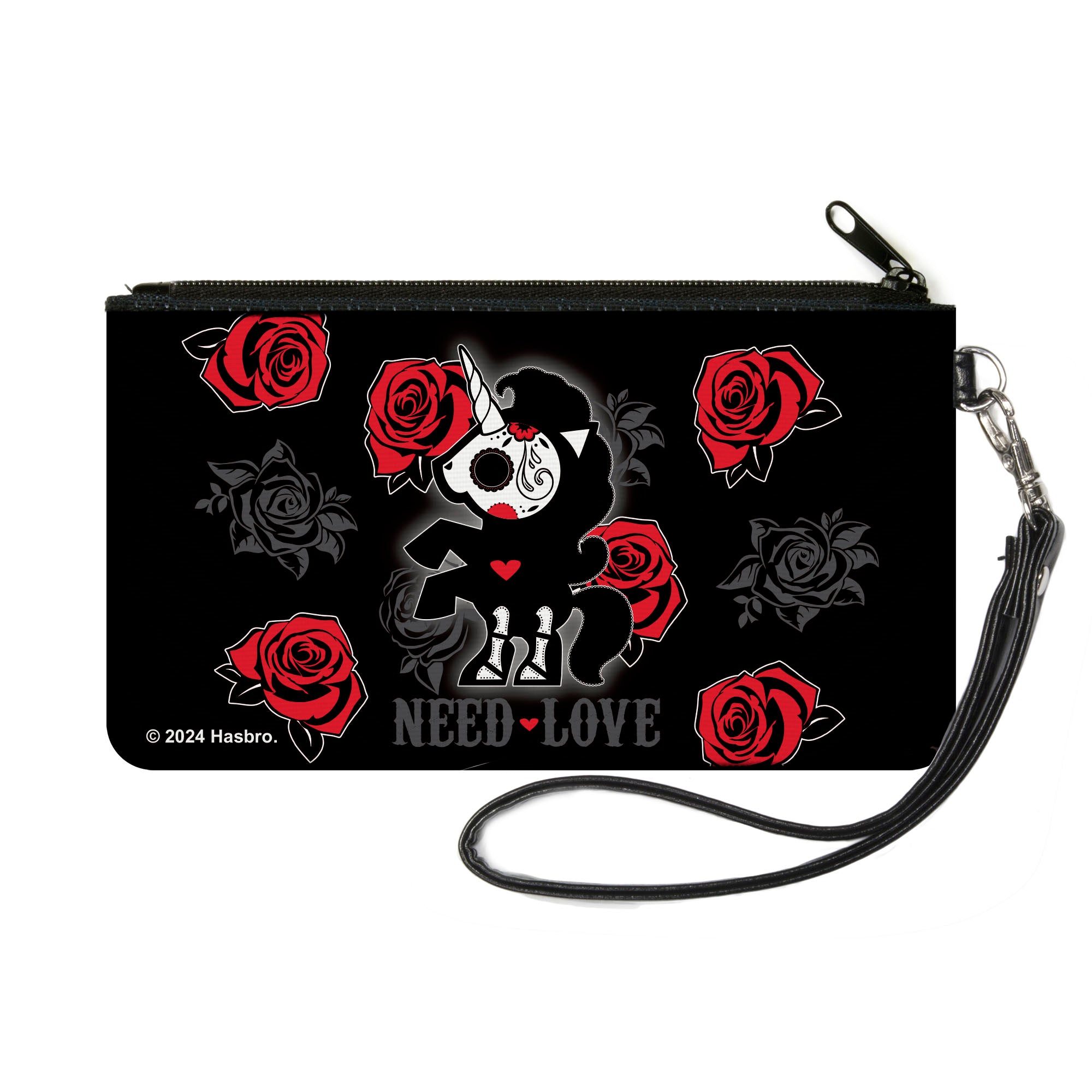 Canvas Zipper Wallet - SMALL - Skelanimals Bonita the Unicorn NEED LOVE Pose Black/Gray/Red/White Canvas Zipper Wallets Skelanimals