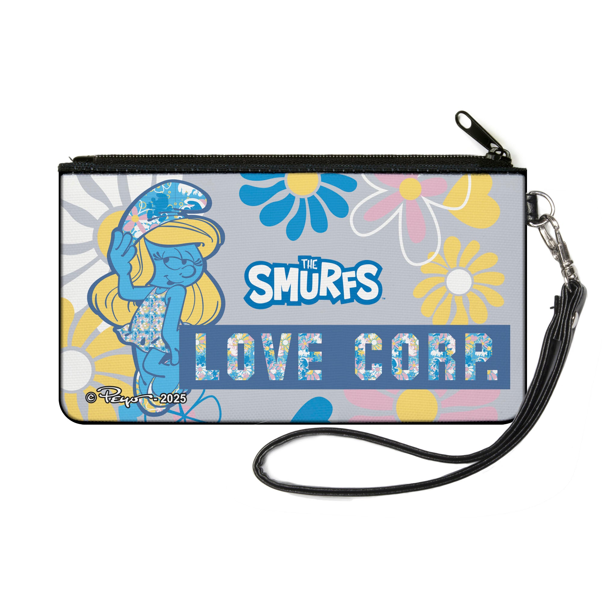 Canvas Zipper Wallet - SMALL - THE SMURFS Smurfette LOVE CORP. Pose Flowers Gray/Multi Color Canvas Zipper Wallets The Smurfs