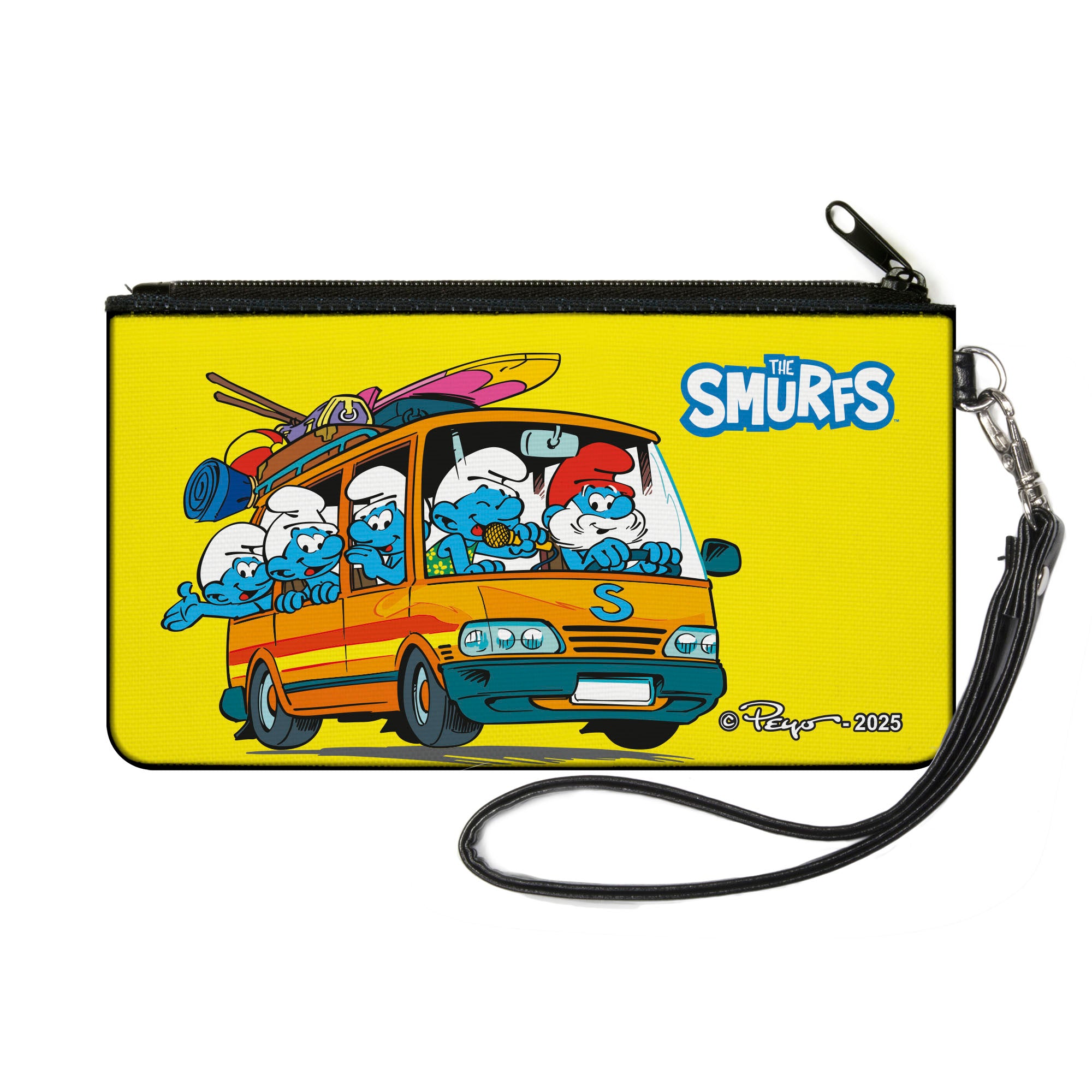 Canvas Zipper Wallet - SMALL - THE SMURFS Camping Road Trip Van Scene Yellow Canvas Zipper Wallets The Smurfs