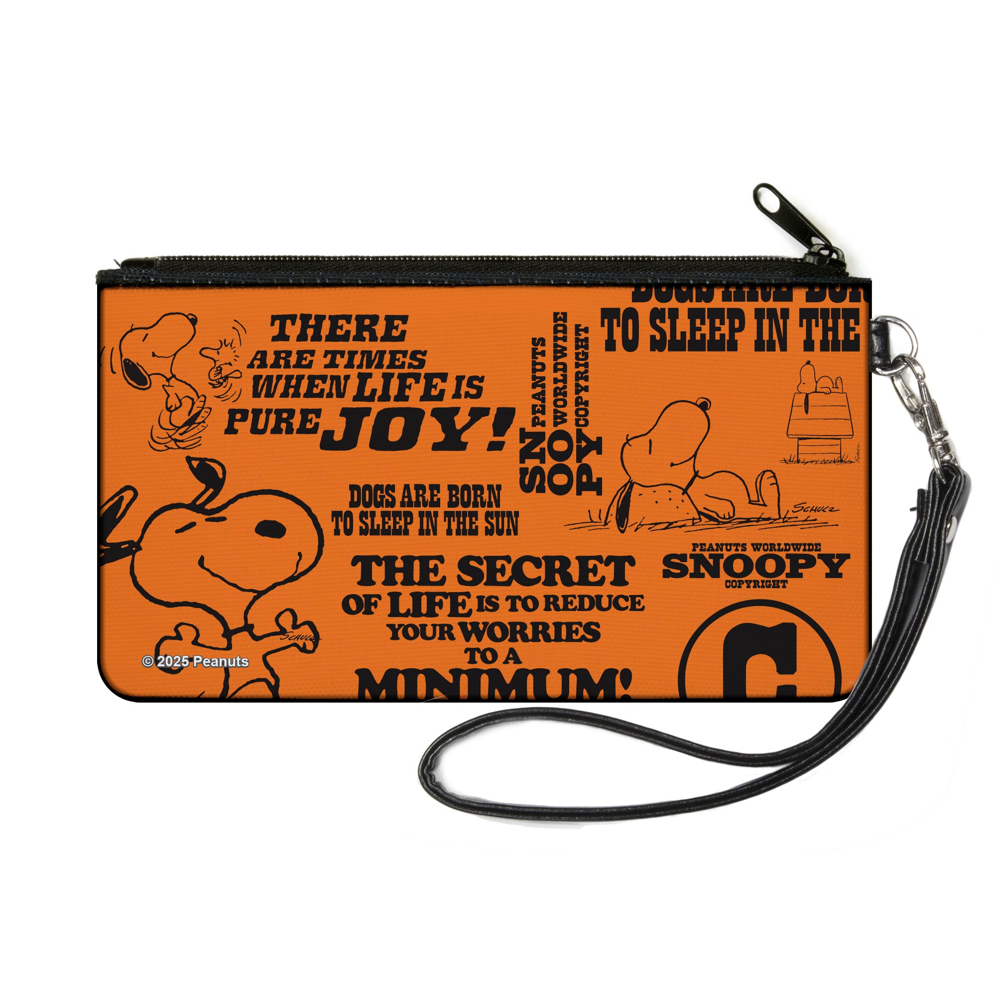 Canvas Zipper Wallet - SMALL - Snoopy Poses and Quotes Collage Orange/Black Canvas Zipper Wallets Peanuts
