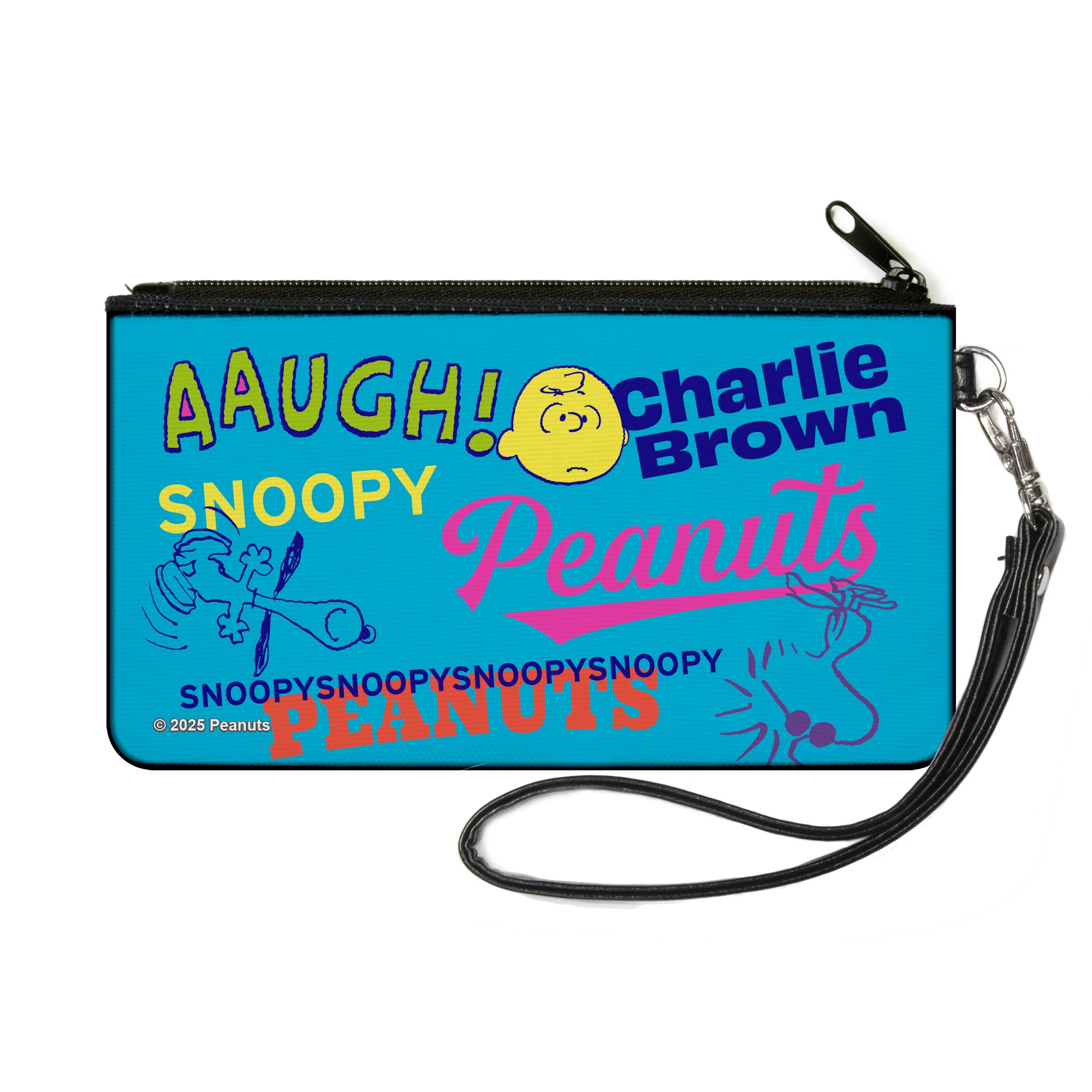 Canvas Zipper Wallet - SMALL - PEANUTS Charlie Brown Snoopy and Woodstock Typography Collage Blue/Multi Color Canvas Zipper Wallets Peanuts