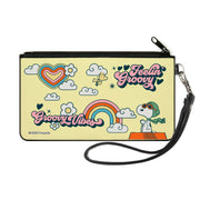 Canvas Zipper Wallet - SMALL - Peanuts Snoopy Flying Ace and Woodstock GROOVY Quotes Collage Yellow Canvas Zipper Wallets Peanuts