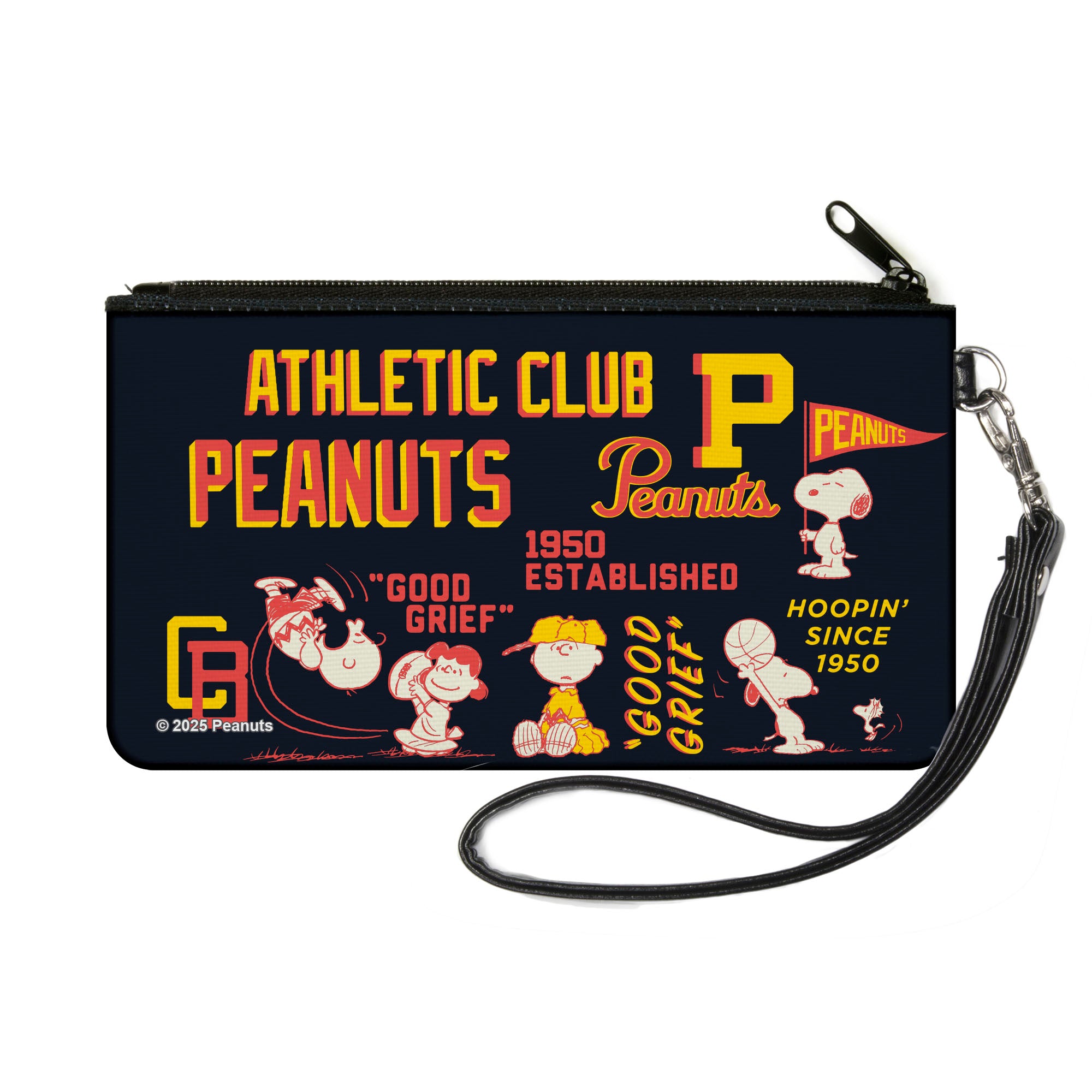 Canvas Zipper Wallet - SMALL - PEANUTS ATHLETIC CLUB Varsity Poses and Quotes Collage Black/Red/Yellow Canvas Zipper Wallets Peanuts