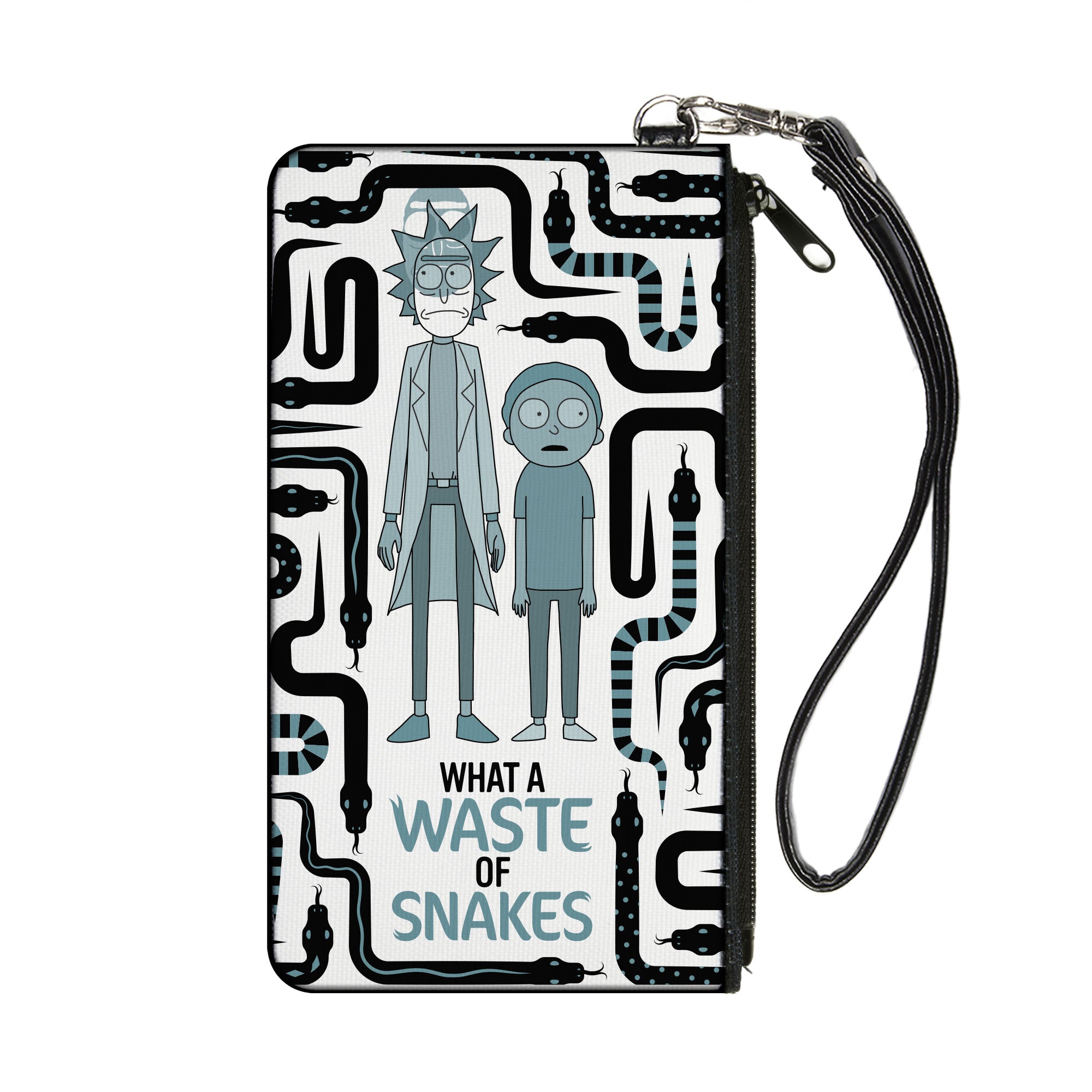 Canvas Zipper Wallet - SMALL - Rick and Morty WHAT A WASTE OF SNAKES Pose White/Black/Blue Canvas Zipper Wallets Rick and Morty