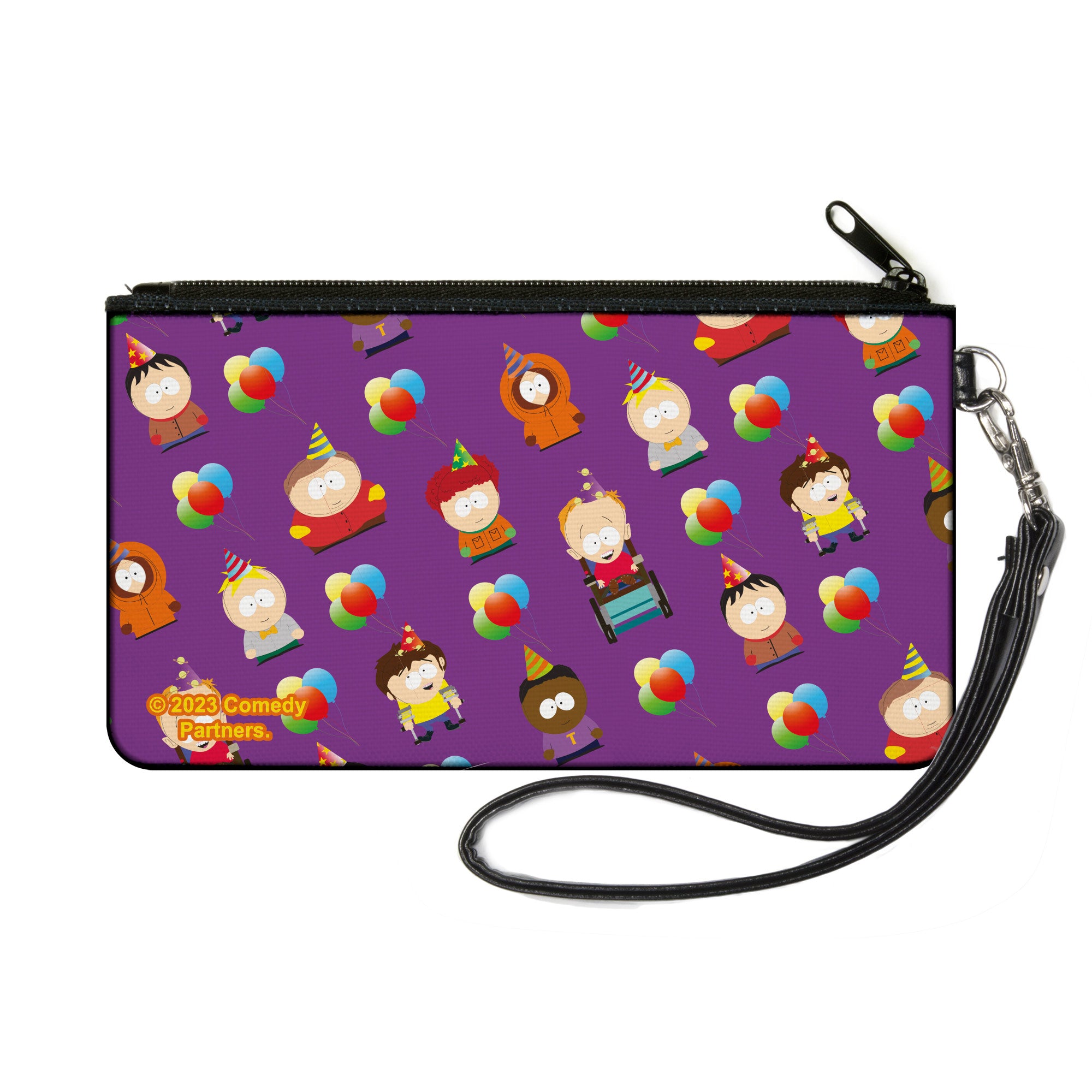 Canvas Zipper Wallet - SMALL - South Park Birthday Party Character Poses and Balloons Purple Canvas Zipper Wallets South Park
