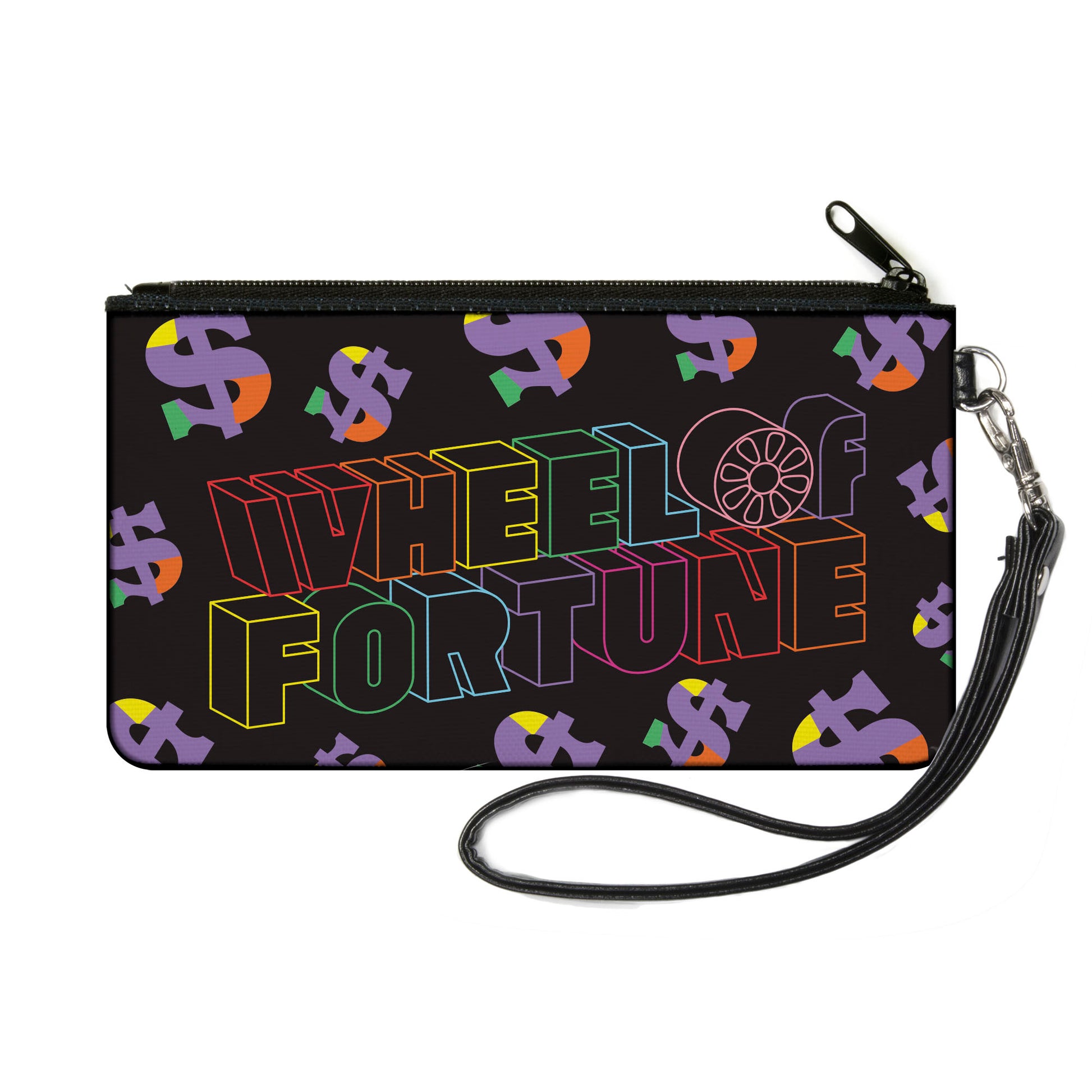 Canvas Zipper Wallet - SMALL - WHEEL OF FORTUNE and Dollar Signs Scattered Black/Multi Color Canvas Zipper Wallets Wheel of Fortune