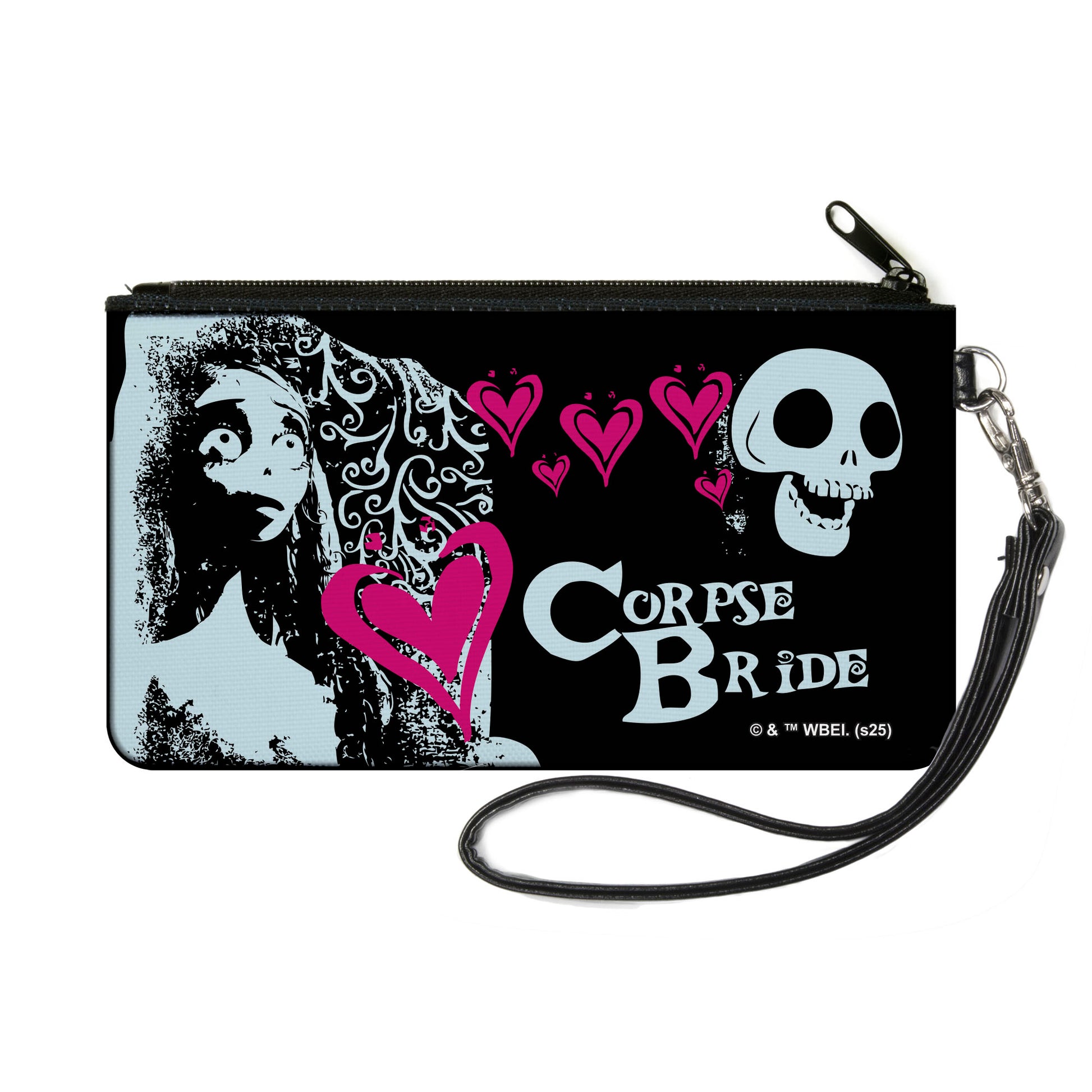 Canvas Zipper Wallet - SMALL - THE CORPSE BRIDE Emily Hearts and Skull Black/White/Pink Canvas Zipper Wallets The Corpse Bride