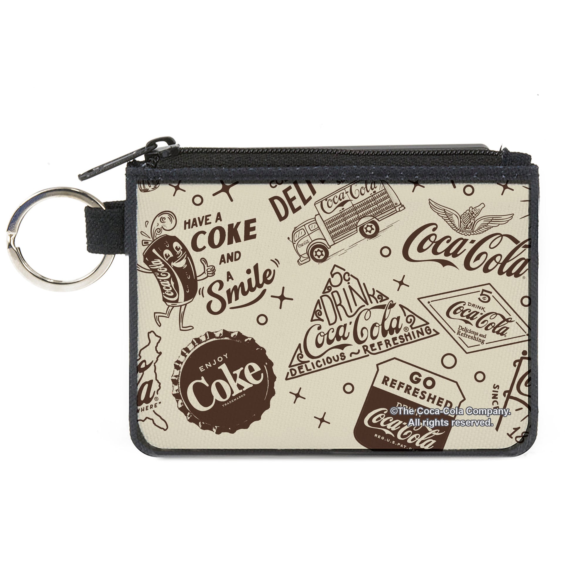 Canvas Zipper Wallet - MINI X-SMALL - Vintage Coca-Cola HAVE A COKE AND SMILE Icons Collage Beige/Brown Canvas Zipper Wallets Coca-Cola