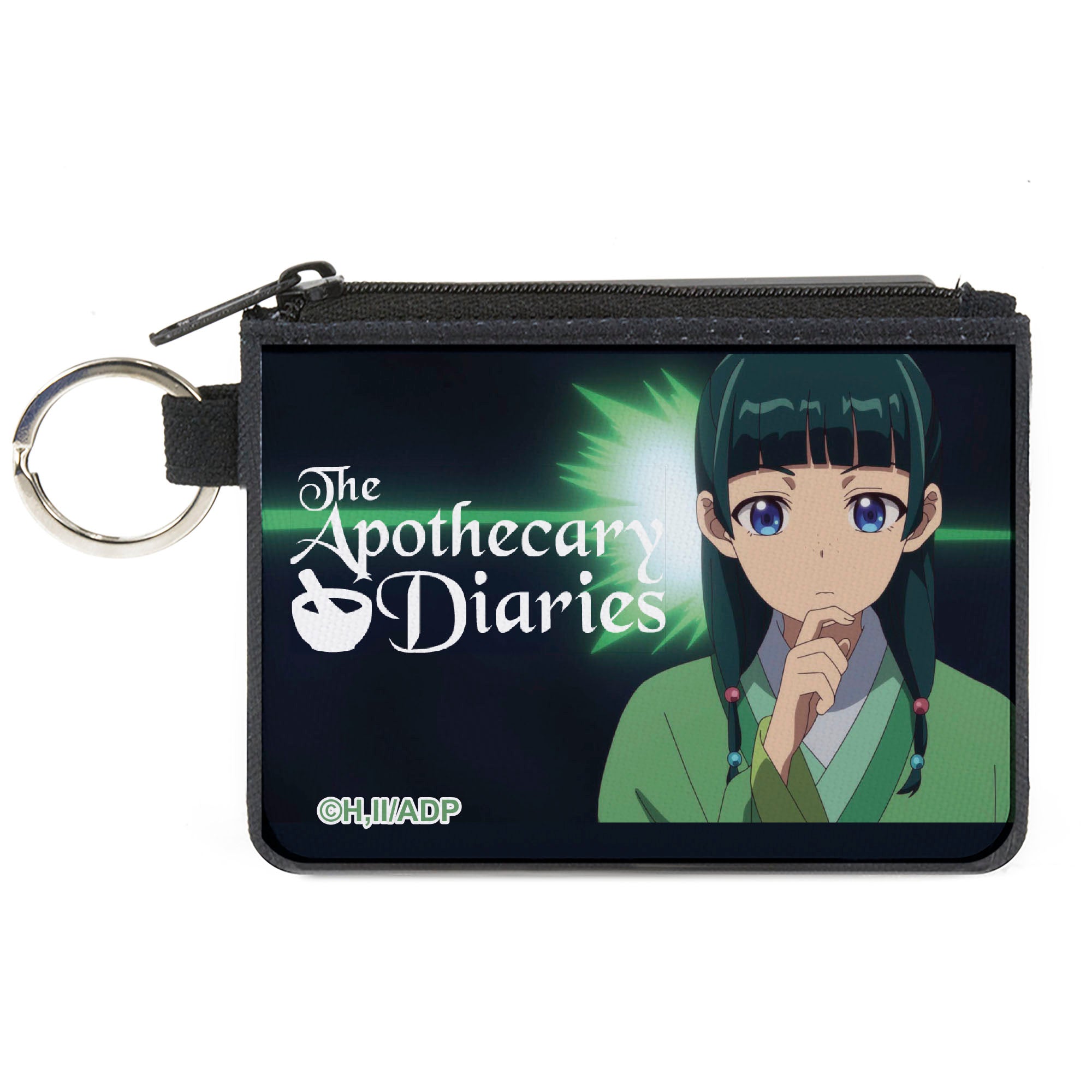 Canvas Zipper Wallet - MINI X-SMALL - THE APOTHECARY DIARIES Maomao Thinking Pose and Title Logo Black/Greens Canvas Zipper Wallets The Apothercary Diaries