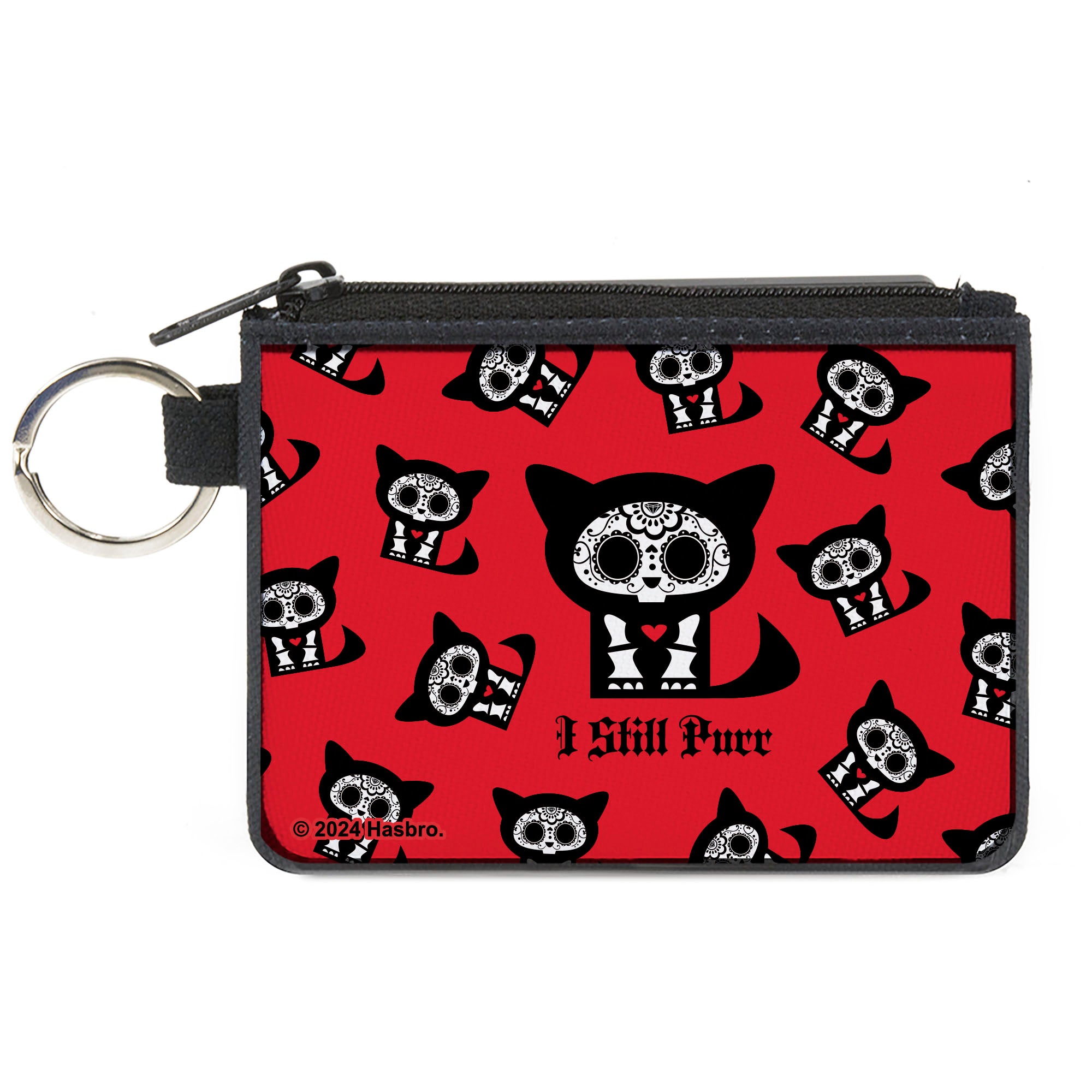 Canvas Zipper Wallet - MINI X-SMALL - Skelanimals Kit the Cat I STILL PURR Pose Red/Black/White Canvas Zipper Wallets Skelanimals
