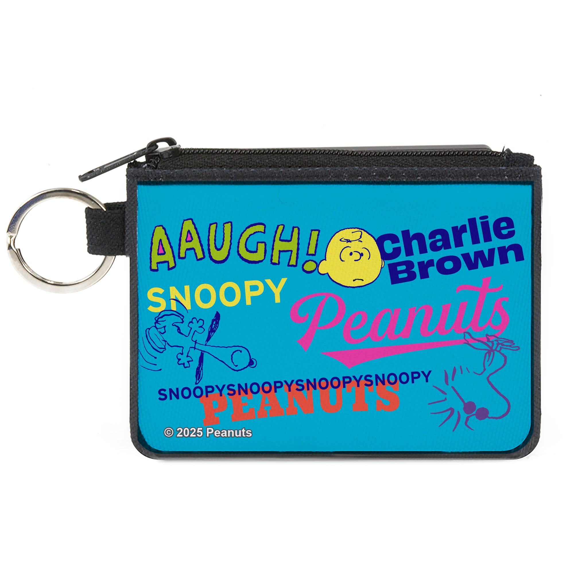 Canvas Zipper Wallet - MINI X-SMALL - PEANUTS Charlie Brown Snoopy and Woodstock Typography Collage Blue/Multi Color Canvas Zipper Wallets Peanuts