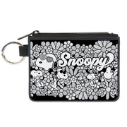 Canvas Zipper Wallet - MINI X-SMALL - Snoopy Poses and Daisy Flowers Collage Black/Grays/White Canvas Zipper Wallets Peanuts