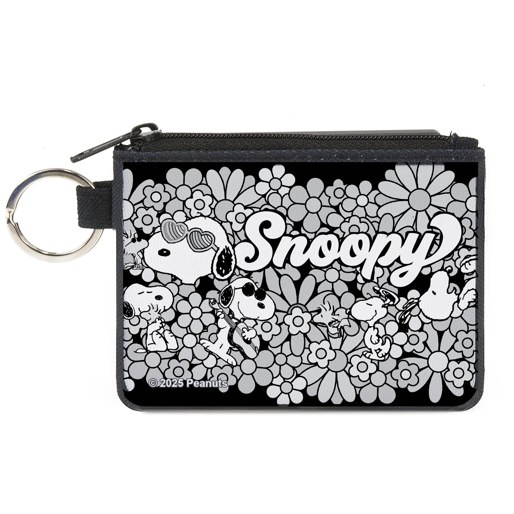 Canvas Zipper Wallet - MINI X-SMALL - Snoopy Poses and Daisy Flowers Collage Black/Grays/White Canvas Zipper Wallets Peanuts